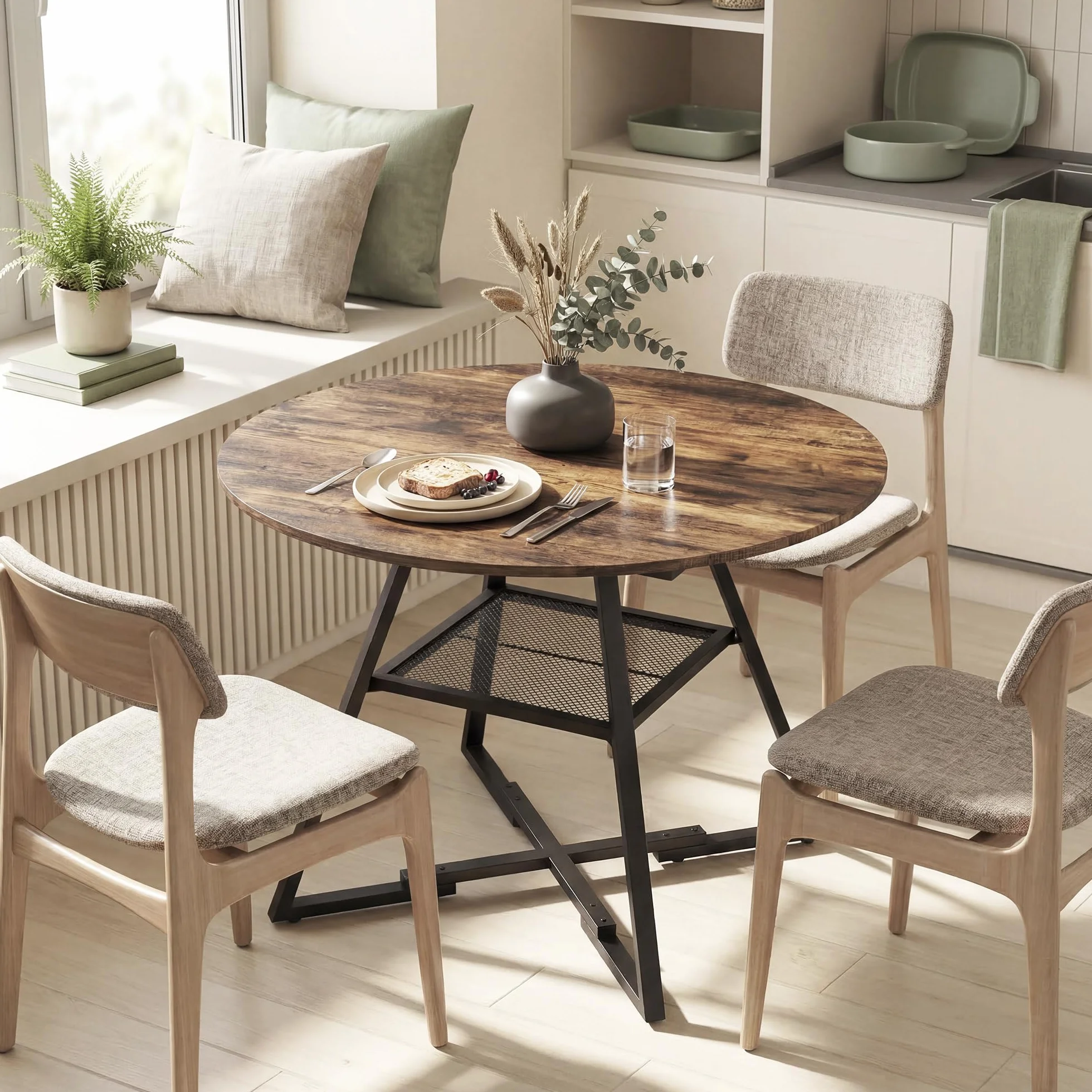 HOMCOM Mesa de Comedor Redonda, Mesa de Cocina para 4 Personas con Estante, Marco Metálico, para Sala de Estar, Ø100x76 cm, Marrón Rústico