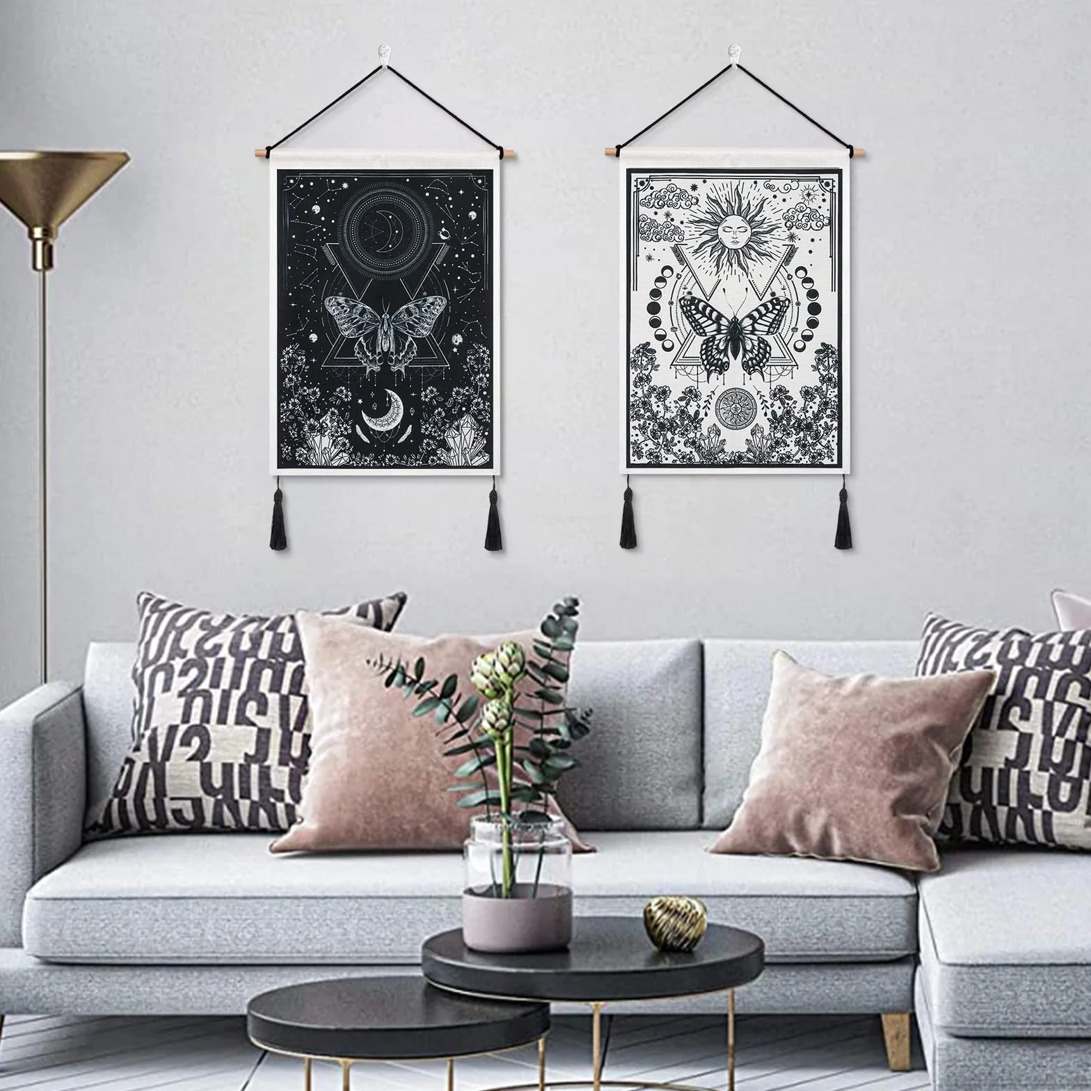 Betylifoy Paquete de 2 Tapices de Luna y Sol con Borlas Tarot para Colgar en la Pared Tapiz de Pancarta Tapiz Negro Decoración de Pared Bohemia para Dormitorio Sala de Estar (Eclipse lunar)