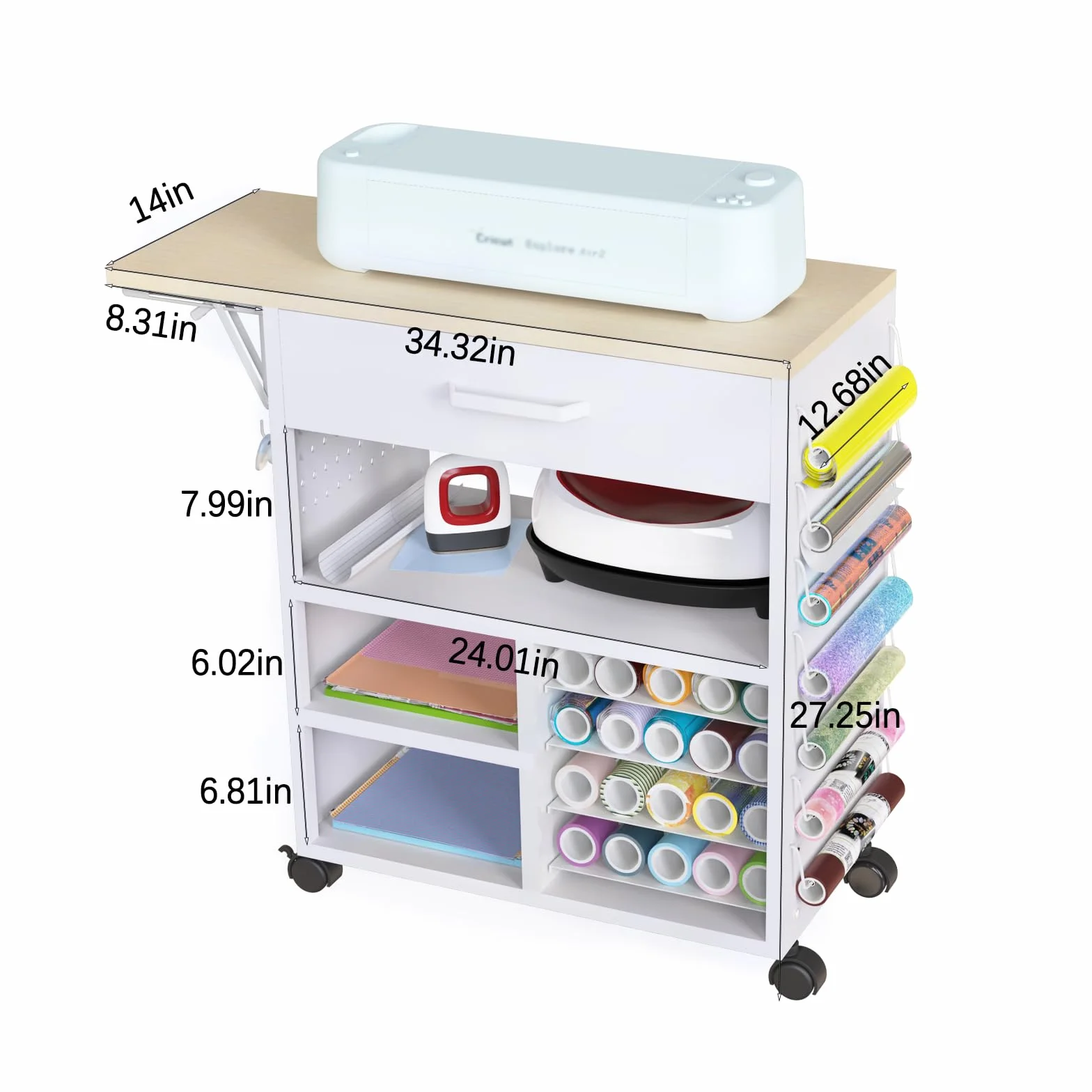 Carrito de manualidades resistente con cajones y estantes ajustables, estación de trabajo móvil rodante para Cricut Maker 3, Explore 3, vinilo, costura, ruedas de bloqueo, fácil montaje, organizador