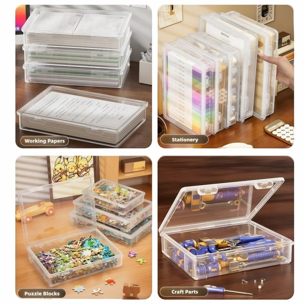 Cajas Almacenaje Plastico, 4 Piezas Cajas de Plastico con Tapa Apilables, Resistentes y Duraderas, Sin BPA, para Material de Oficina, Manualidades, Piezas, Fotos (23 x 17 x 5 cm)