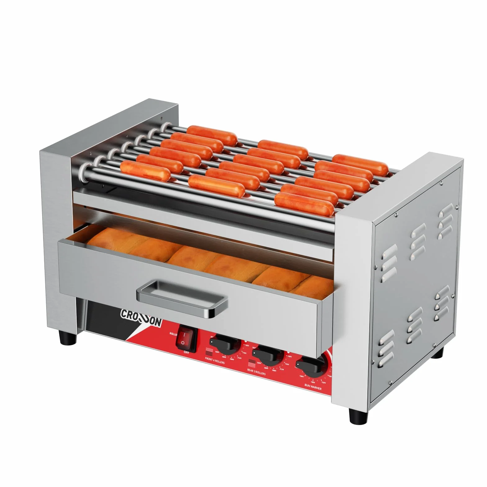 CROSSON 2 IN 1 Maquina de Perritos Calientes Profesional 7 Rollos,1350W Hot Dog Maquina de Acero Inoxidable con 2 Zonas de Calentamiento y Control de Temperatura Dual