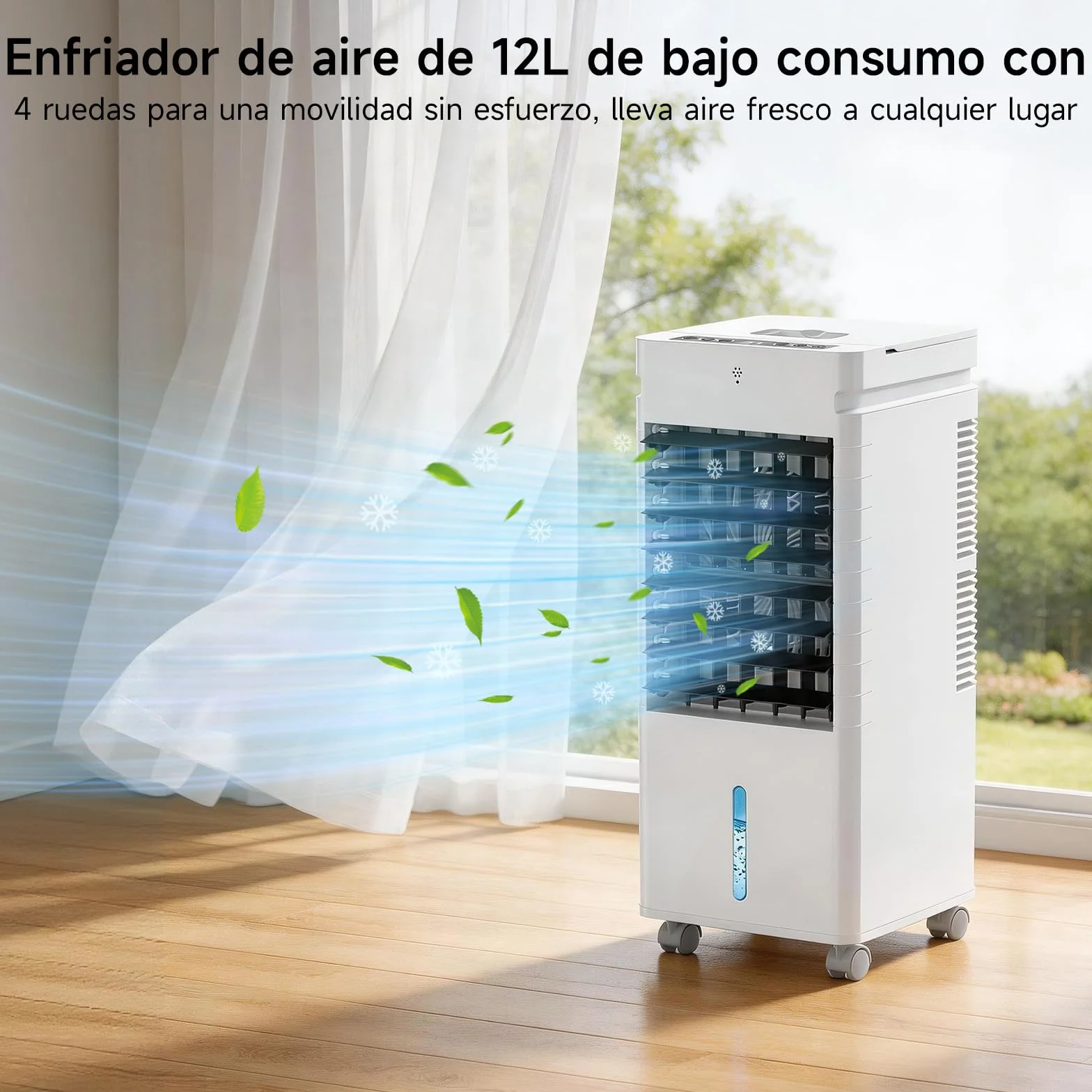 Aire Acondicionado Portátil, Enfriador de Aire por Evaporación con Ventilador de 20W, Depósito de 12L y Cristales de Hielo – 3 Modos, 12 Velocidades, Oscilación, Temporizador y Mando a Distancia