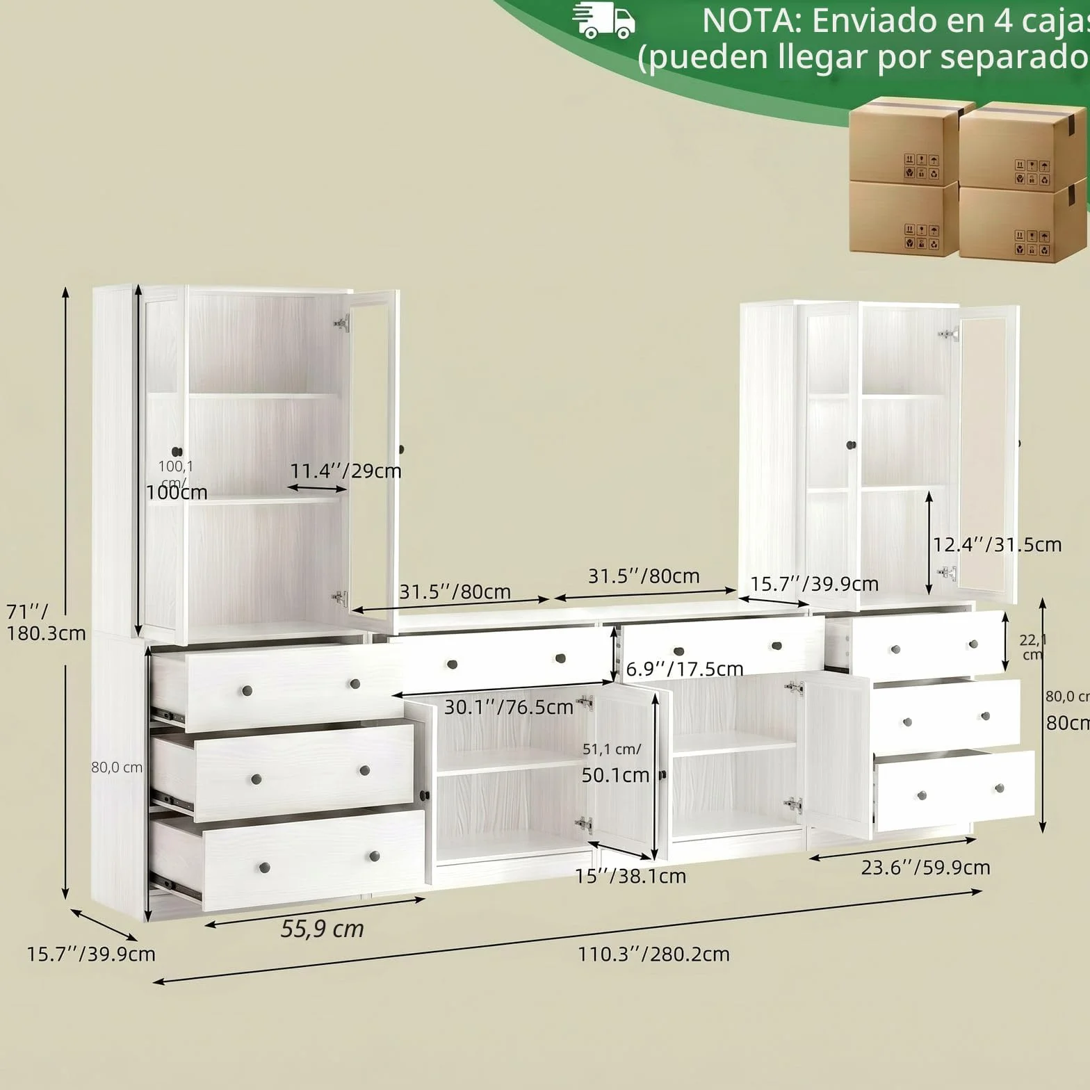 VOWNER Grande Mueble de TV para Televisores de hasta 70 Pulgadas, 280 x 180,3 x 40 cm, Mesa de TV, Módulo TV, Mueble de Salón Moderno con Cajones y Puertas de Cristal, 2A+2D (Blanco)