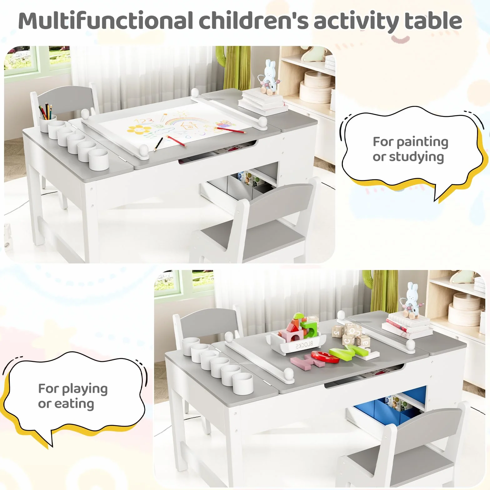MAMIZO Mesa y Sillas Infantiles Madera con 2 Sillas, Mobiliario Infantil con Espacio de Almacenaje para Niños a Partir de 3 Años, Mesa de Pintura para Habitación Infantil, Sala de Juegos (Gris)