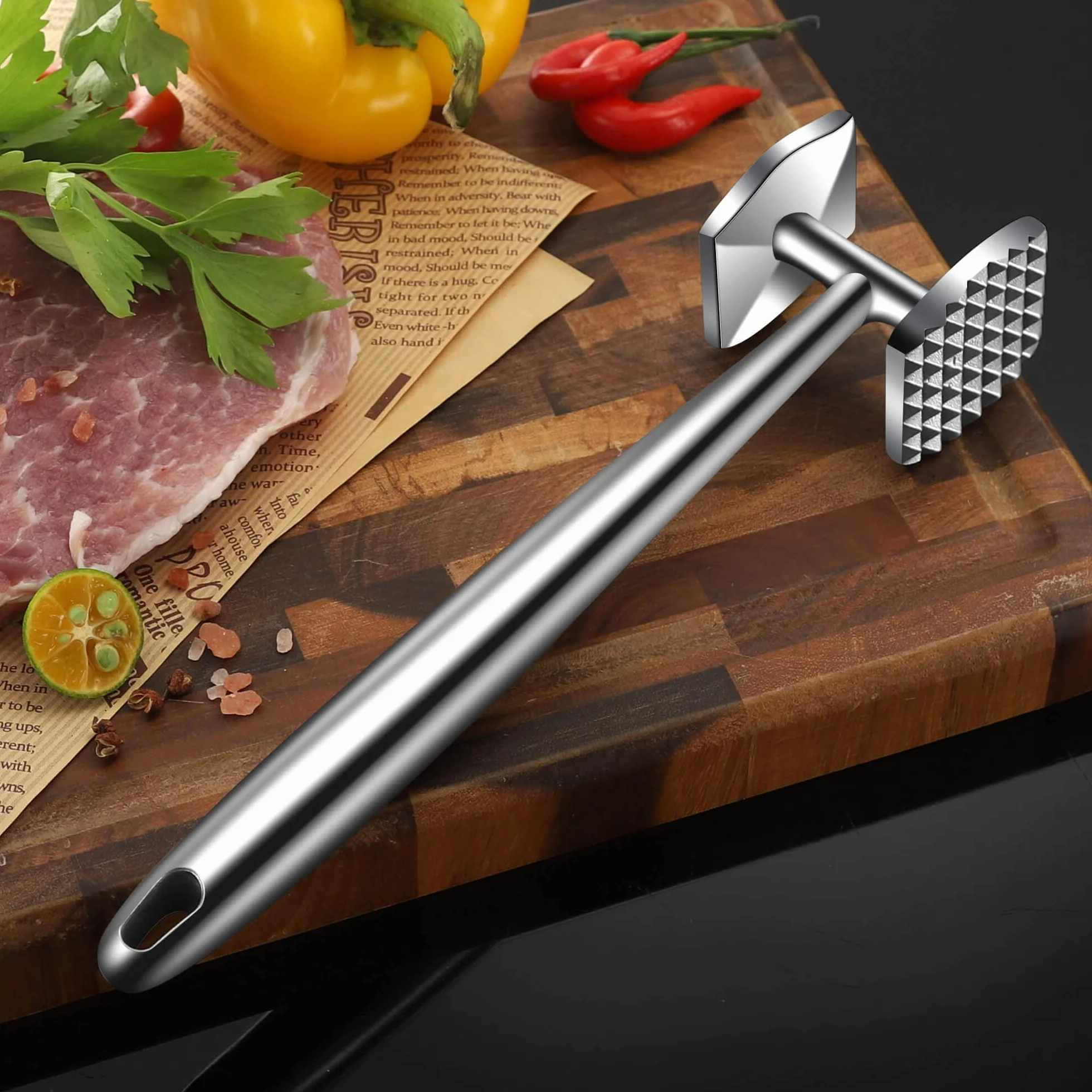 Aliglow Ablandador de Carne Acero Inoxidable 304 18/8 Martillo Cocina Profesional