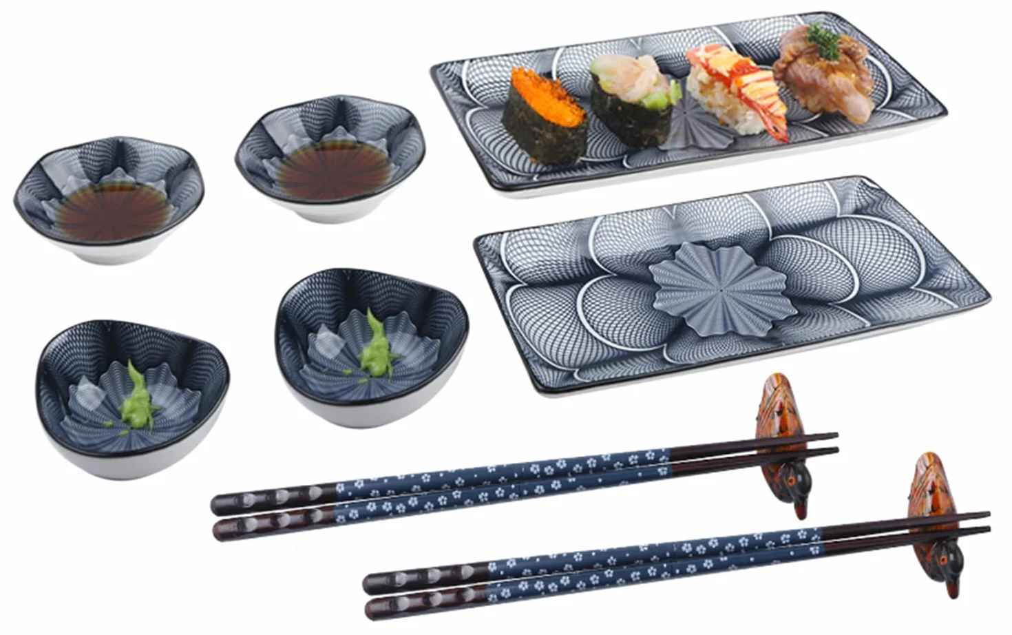 Artcome Juego de 10 platos de sushi de cerámica de estilo japonés para inauguración de la casa de boda, 2 platos de sushi, 2 platos de salsa, 2 soportes para palillos, azul oscuro