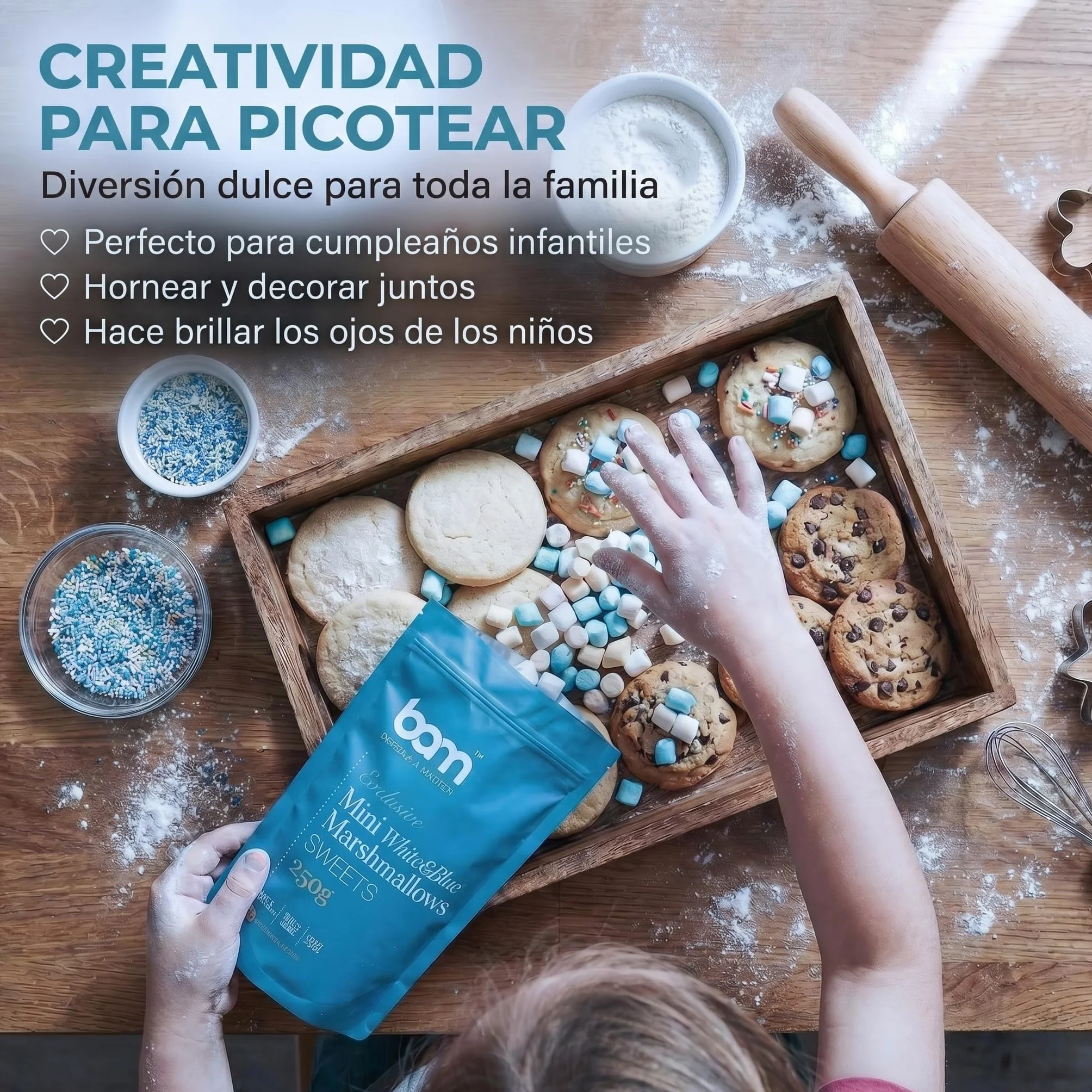 BAM Mini Malvaviscos 250 g Marshmallow Decoración Pasteles Blanco Azul