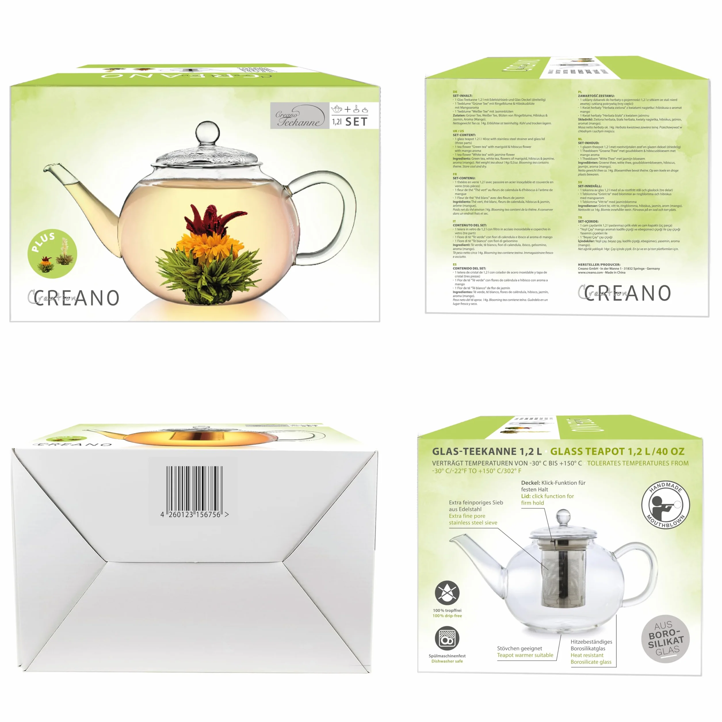 Creano Set de Regalo Tetera de Vidrio 1,2L con 2 Flores de Té – Incluye Filtro de Acero Inoxidable Extraíble