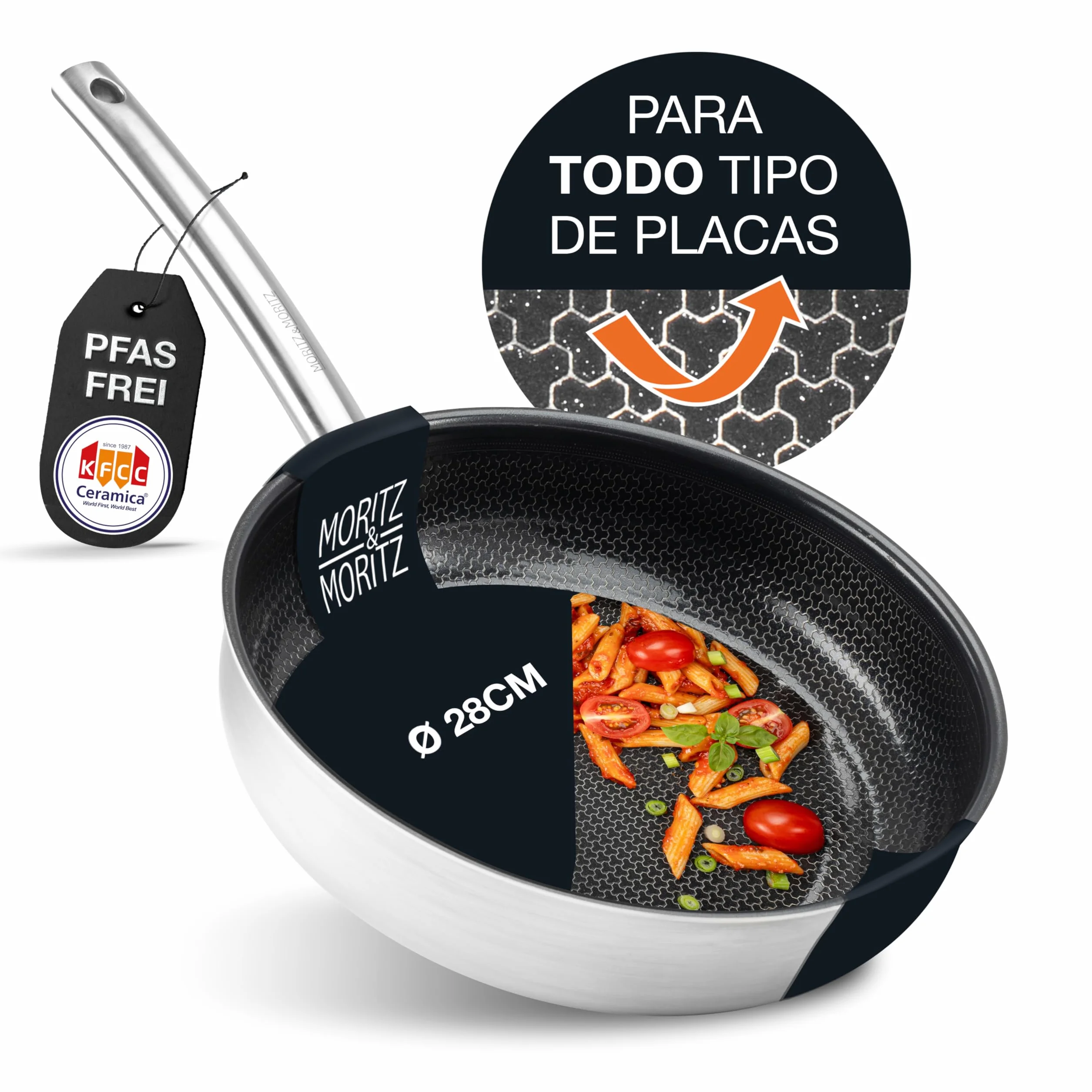 Moritz & Moritz Sartenes Antiadherentes Inducción 28cm de Acero Inoxidable Revestimiento Cerámico - Apta para todo Tipo de Placas - Sartenes Induccion Antiadherentes para Cocinar, Freír y Estofar