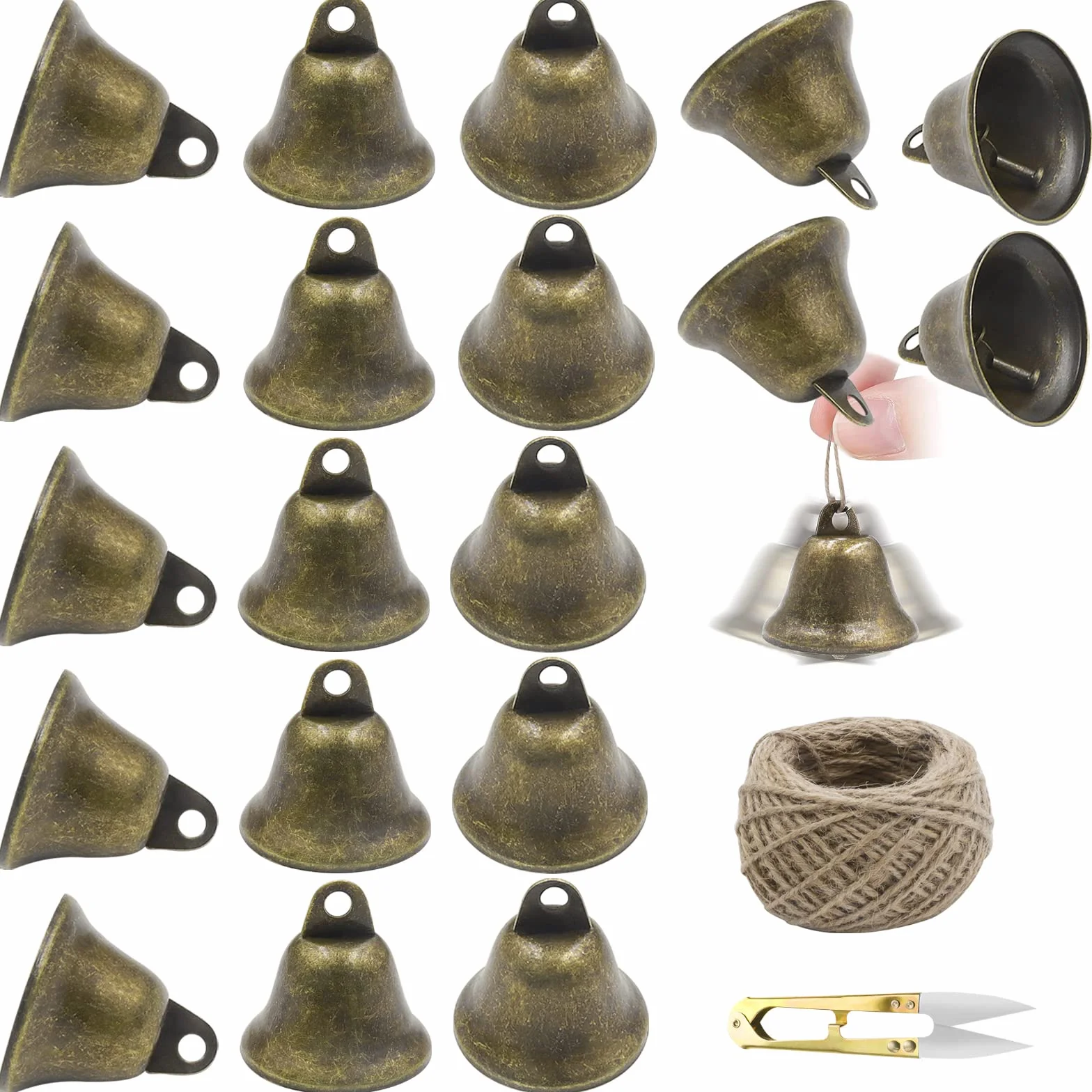 Campanillas de Metal Bronce Vintage, Mini Campana para Manualidades, Decoraciones Navidad Bodas, Campanas de Viento con Cuerda de Cáñamo y Tijeras