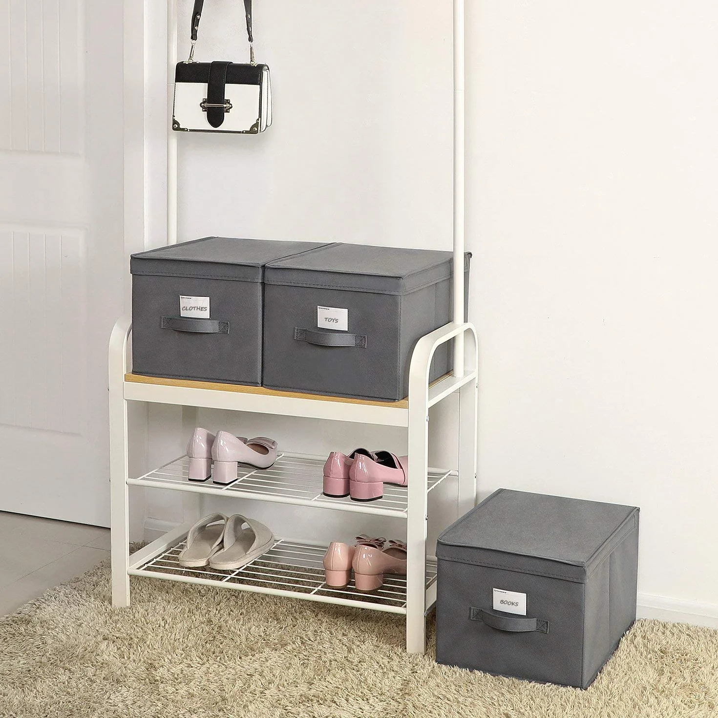 SONGMICS Juego de 3 cajas de almacenamiento plegables con tapas, cubo de tela mon-tejida, 40 x 30 x 25 cm, gris