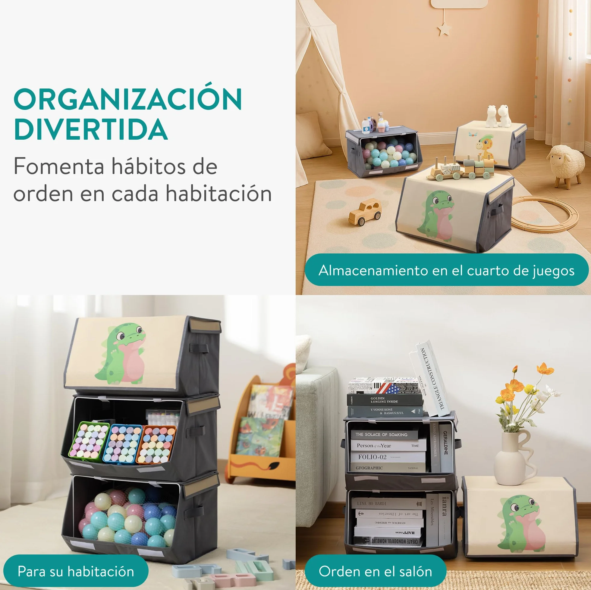 Navaris Organizador Juguetes Infantil - 3x Caja Almacenaje Juguetes Infantil 38 x 35 x 25 cm - Cajas Apilables Dinosaurios para Cuarto de Juegos y Habitación de Niños