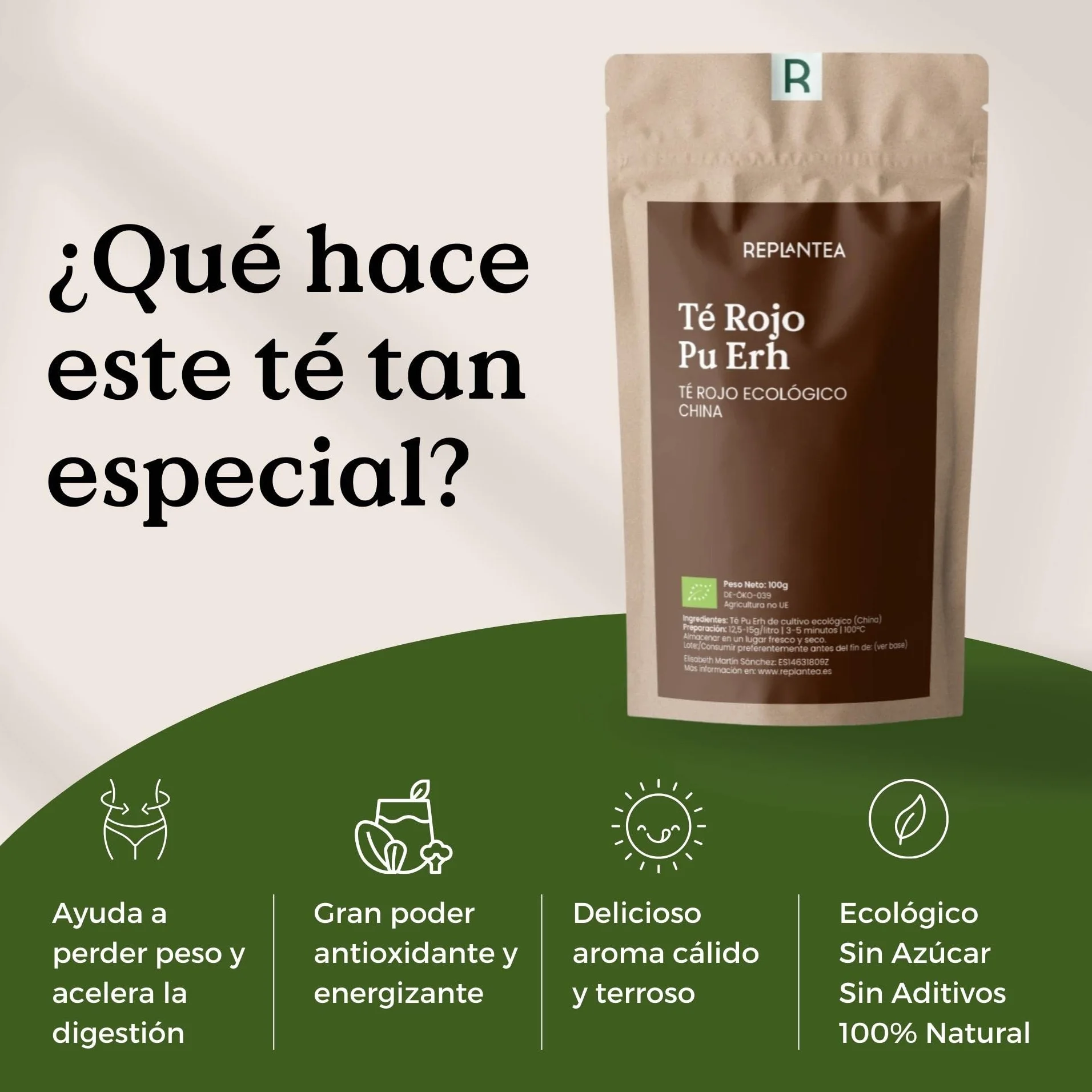 REPLANTEA® Té Pu Erh Orgánico 100g 50 Tazas Diurético Digestivo Detox