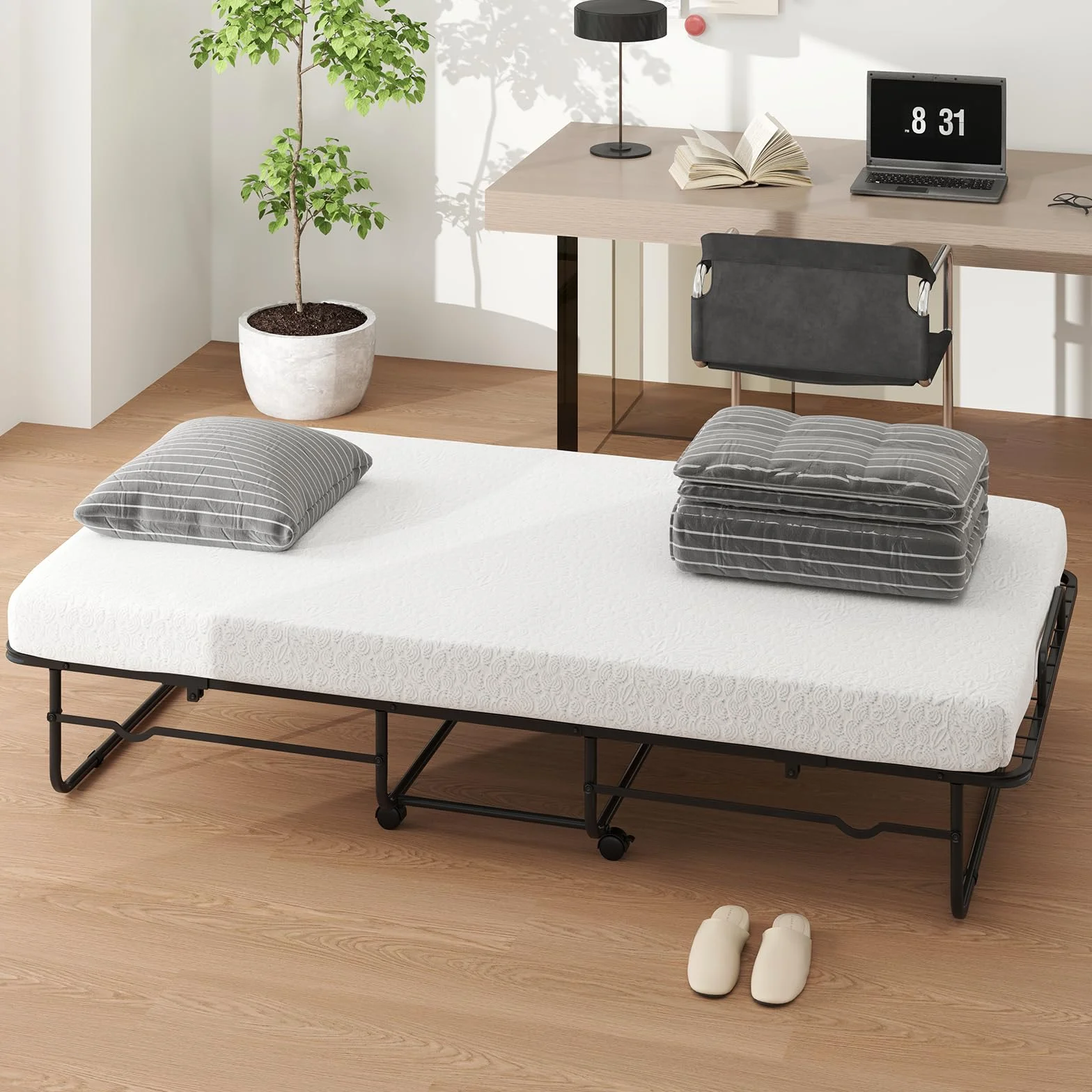 COSTWAY Cama Plegable 90 x 190 con Colchón, Cama Supletoria Plegable con Espuma de Memoria y Estructura Metálica, Individual de Invitado, Carga 220kg