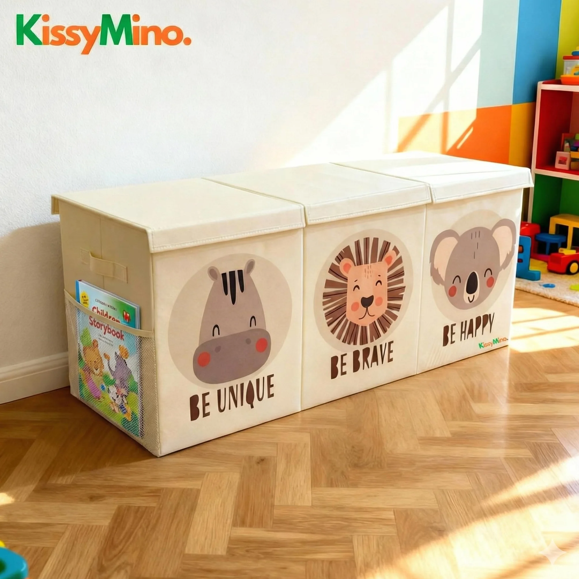 Baúl almacenaje juguetes infantil XL con tapa plegable, Organizador juguetero beige