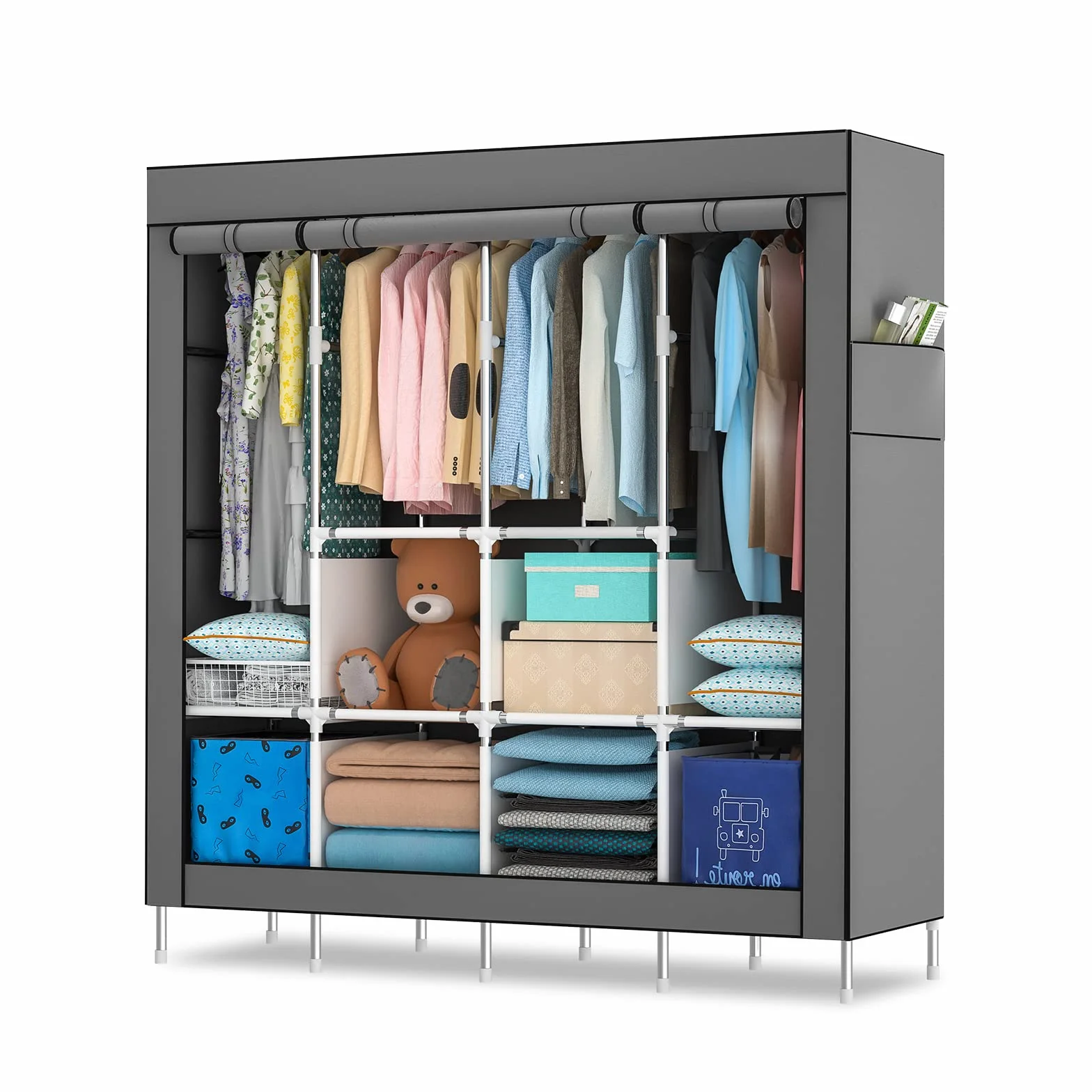 Mihoho Armario portátil de 170 cm para Colgar Ropa, Organizador de Ropa de Metal, Armario Independiente con Funda de Tela Oxford Negra, 165 cm x 170 cm x 45 cm (Gris, Extra Grande)