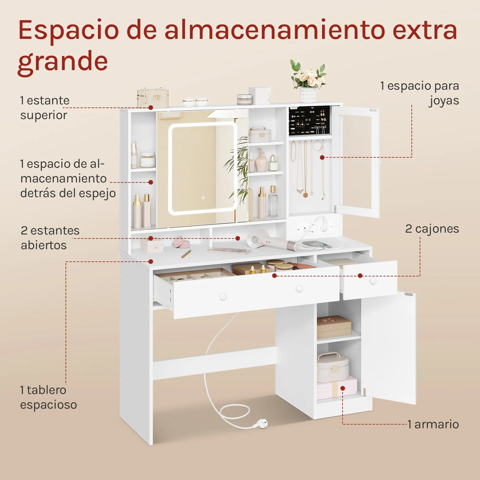 WOLTU Tocador Maquillaje con Joyero, Espejo Luz LED Ajustable, Mesa Tocador Maquillaje con Enchufes, Cajones y Estantes, Blanca, MB6125ws