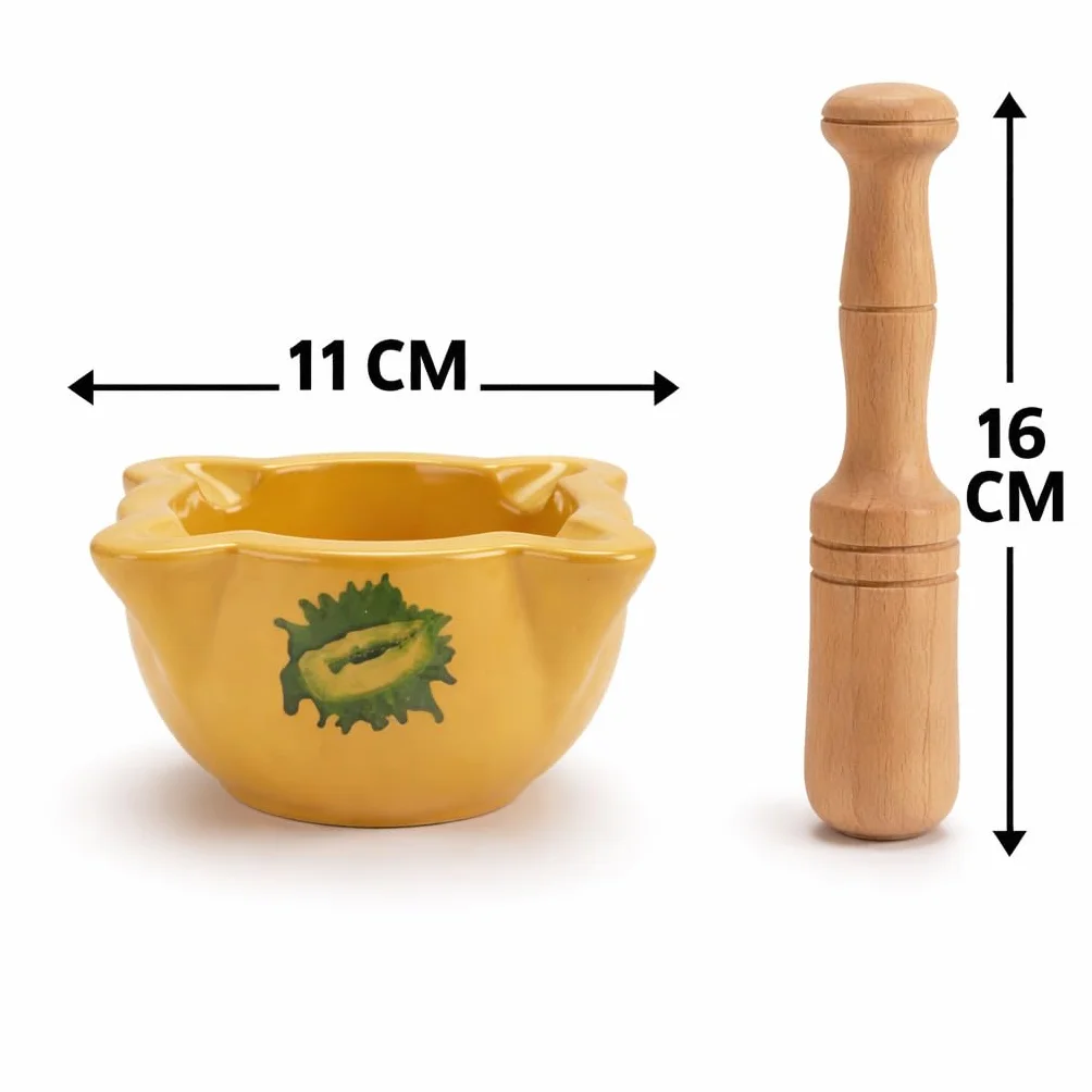 Mortero rústico de Cerámica Amarillo de 11 cm de Diámetro, mano de 16 cm, Diseño Tradicional con Decoración Verde