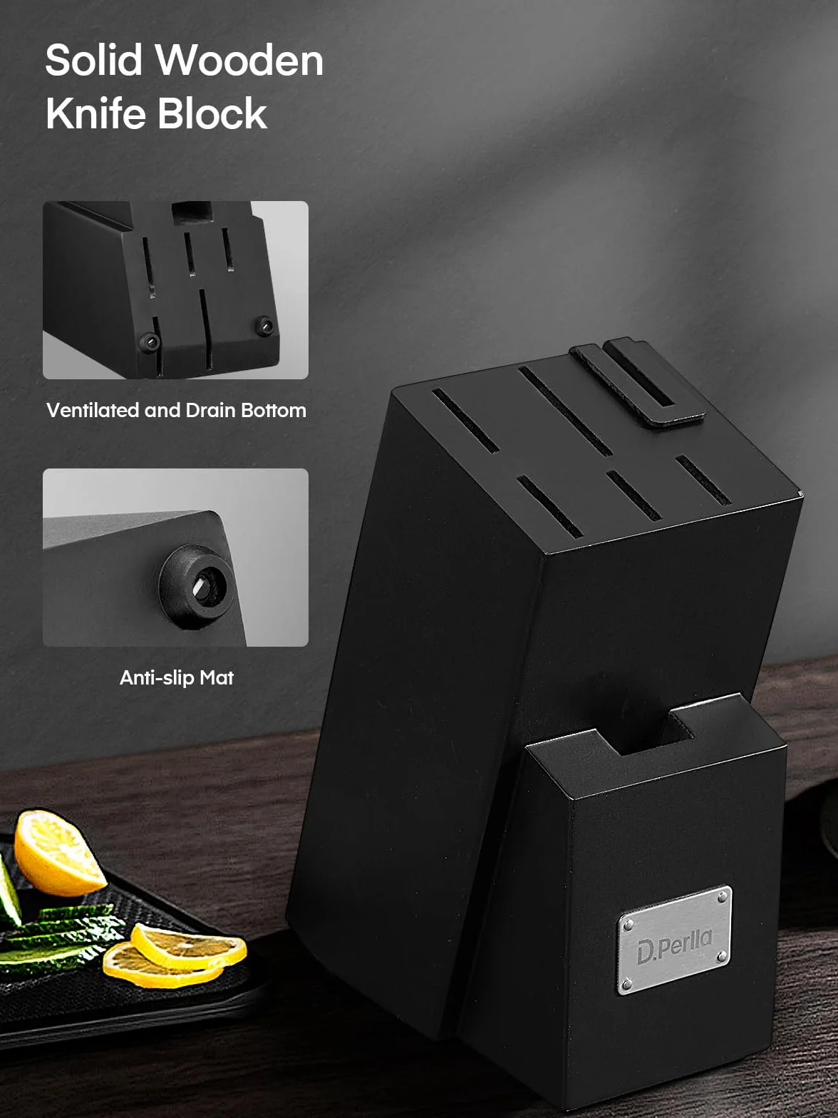 D.Perlla Juego de Cuchillos de Cocina de Acero Inoxidable de 7 Piezas con Afilador Incorporado, Negro