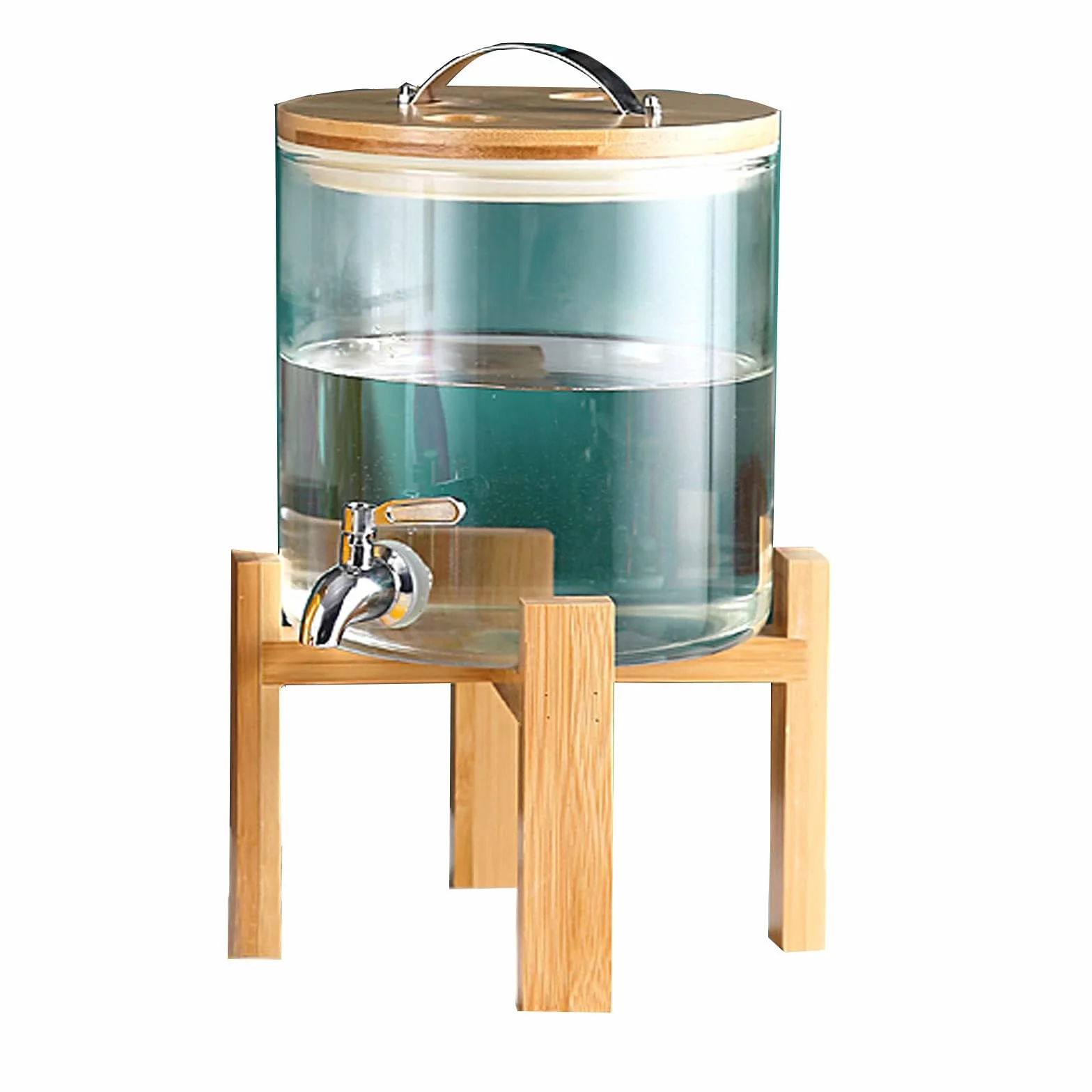 Dispensador de bebidas de vidrio con grifo de acero inoxidable 5L/8L/10L - Dispensador de bebidas a prueba de fugas con soporte de madera - Perfecto para cócteles, agua y más - Diseño de boca ancha de