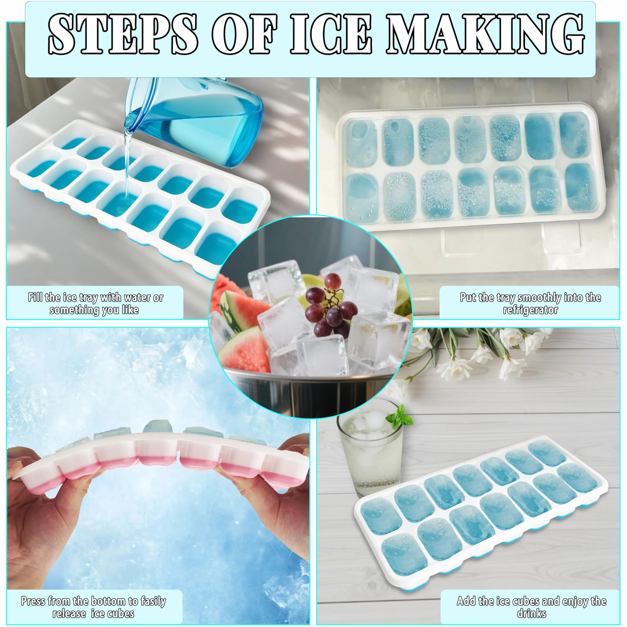 Cubiteras para Hielo con Tapa, Silicona Grado Alimenticio, Certificación LFGB, 4 Cubos