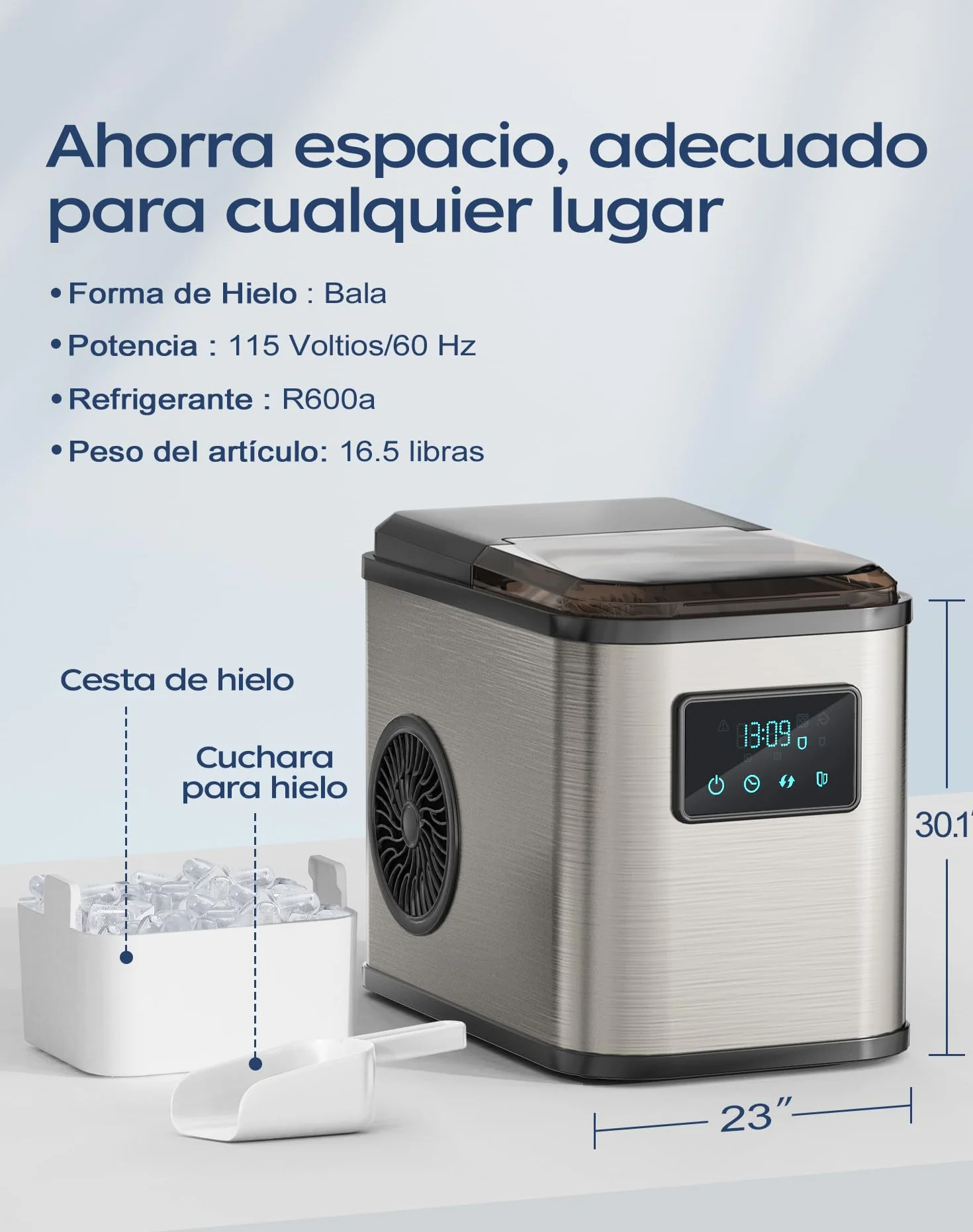 Máquina de Cubitos de Hielo de Acero Inoxidable con Pantalla LED, 2 Litros, 2 Tamaños