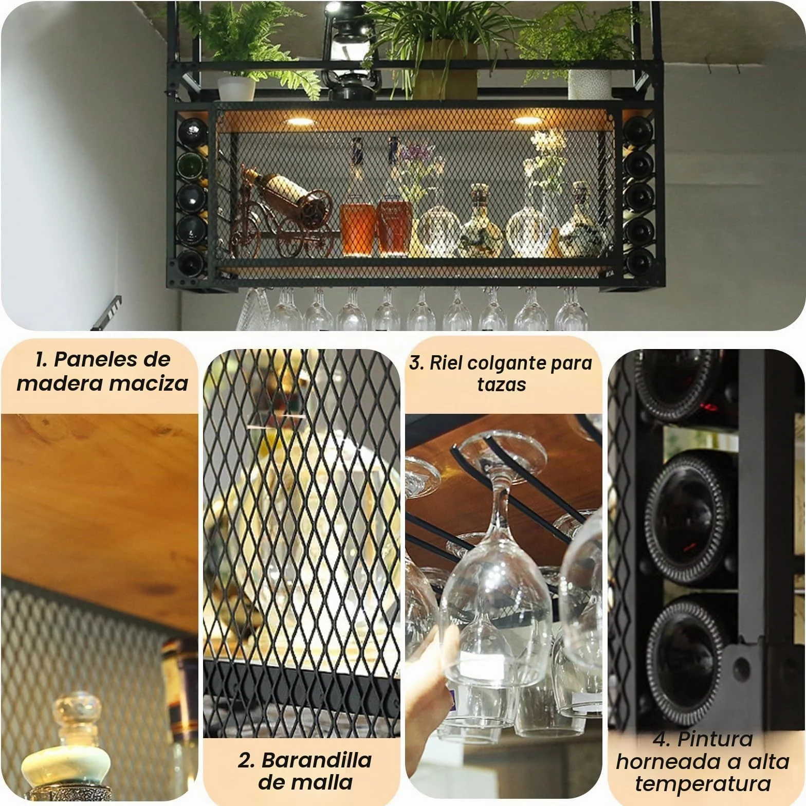 Estante de Techo, botellero Colgante de Gran Capacidad, se Puede Colgar o Montar en la Pared, botellero Simple con luz, Adecuado para Bares, restaurantes (80 * 30 * 55+40cm)