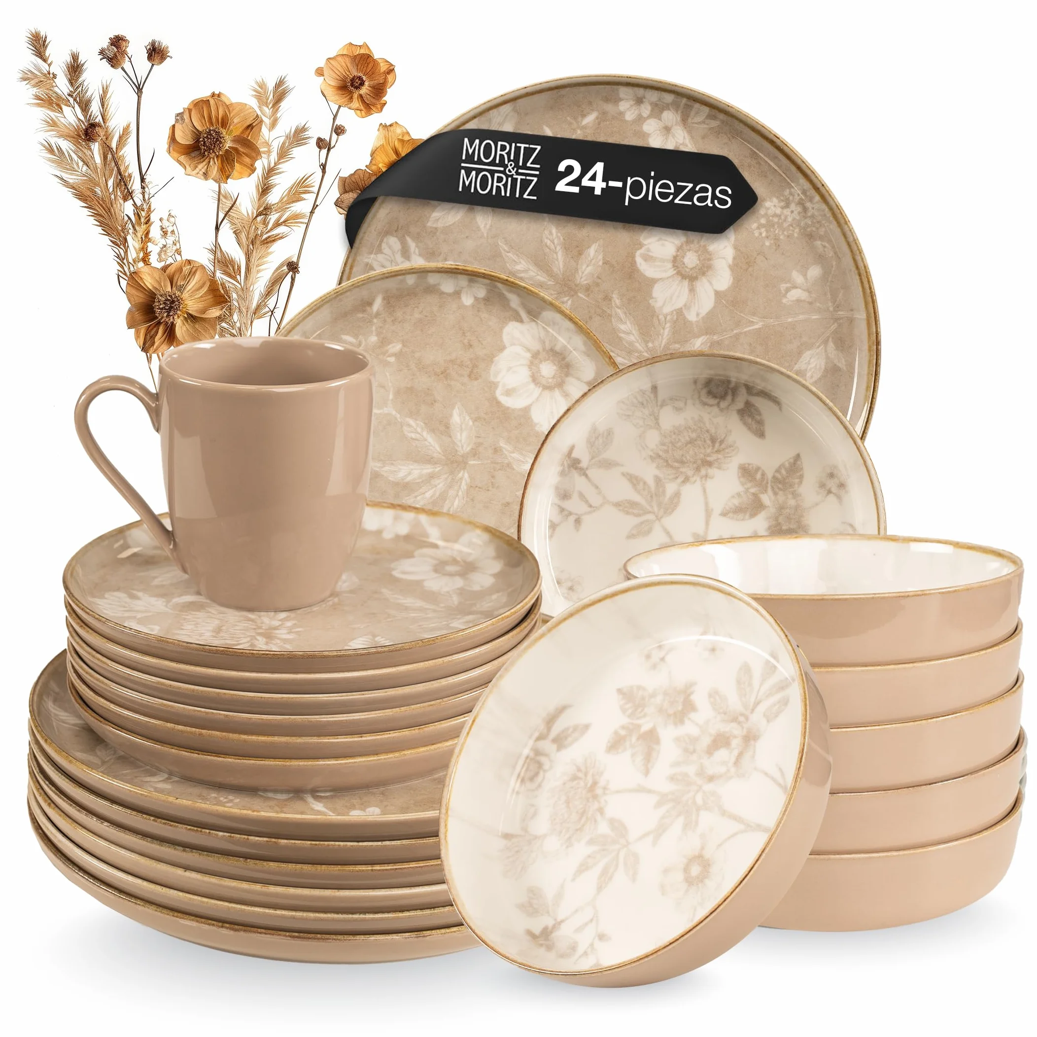 Moritz & Moritz MARIELLA - Vajilla de gres para 6 personas, 24 piezas, moderna vajilla en color beige con diseño divertido, servicio de café de fácil cuidado con platos, cuencos y tazas, vajilla