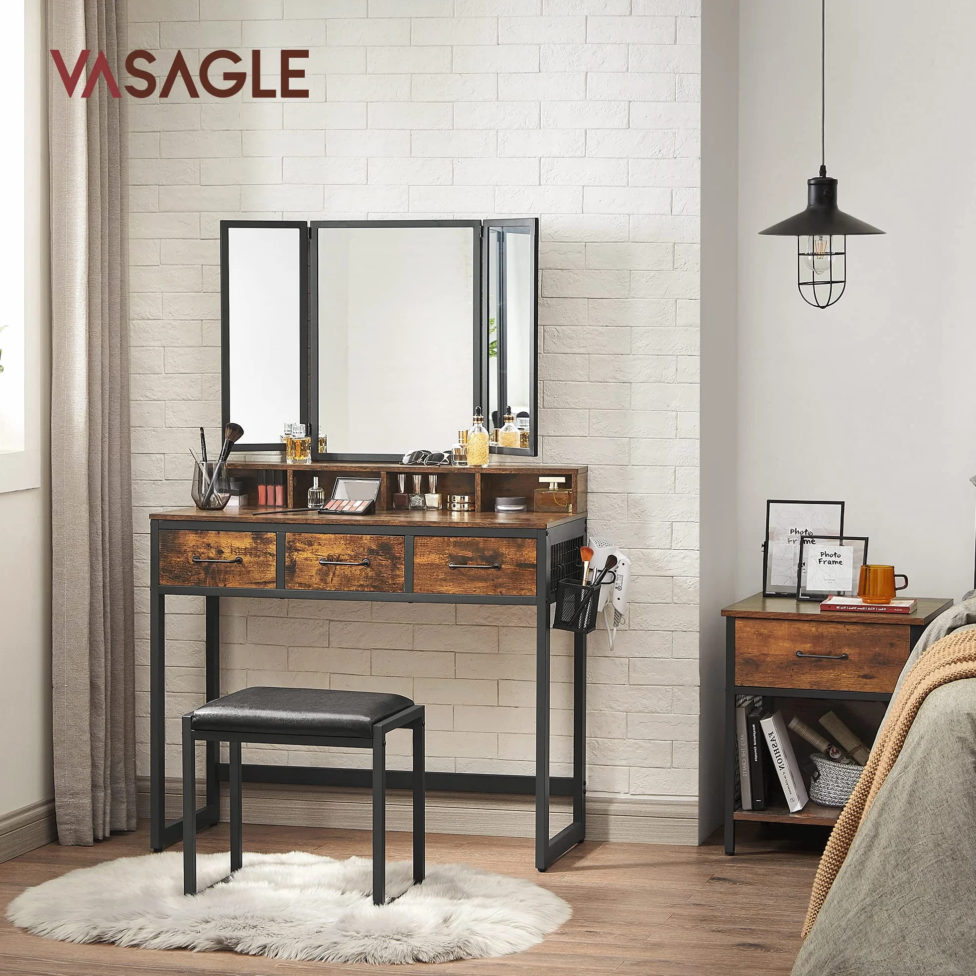 VASAGLE RVT004B01 - Conjunto de Armario Inferior con Taburete tapizado, 3 cajones, Soporte para secador de Pelo, tocador, Estilo Industrial, rústico, marrón y Negro