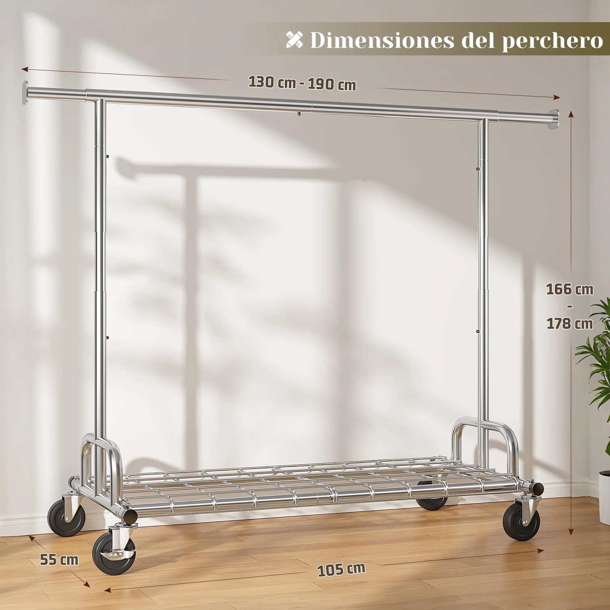 Perchero Burro Ropa con Ruedas 200kg 130–190cm Extensible 166-178cm Altura regulable