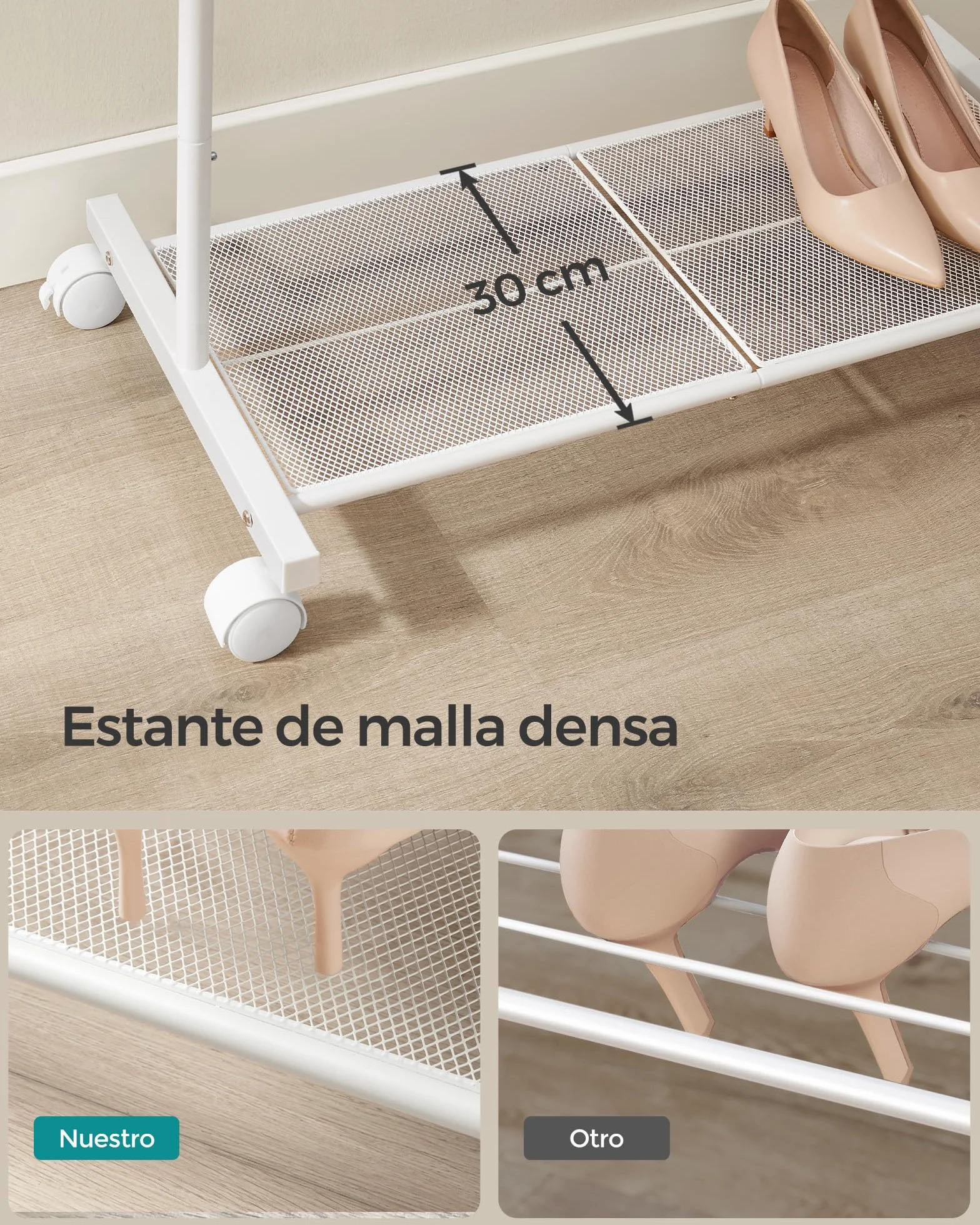 SONGMICS Perchero con Ruedas 74 cm Acero Blanco 35 kg 2 Frenos HSR130W01
