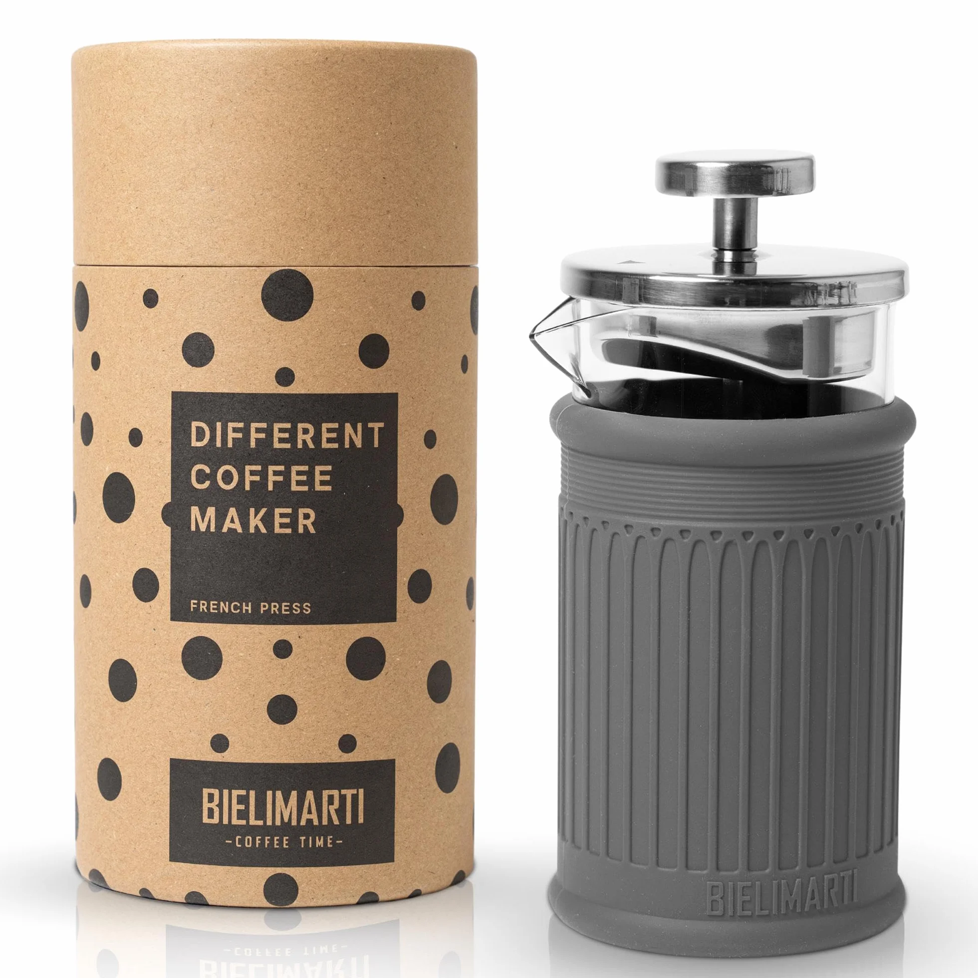 Cafetera de Prensa Francesa, 350 ml, Vidrio Borosilicato, Funda de Silicona Térmica,french press,cafetera de embolo (gris)