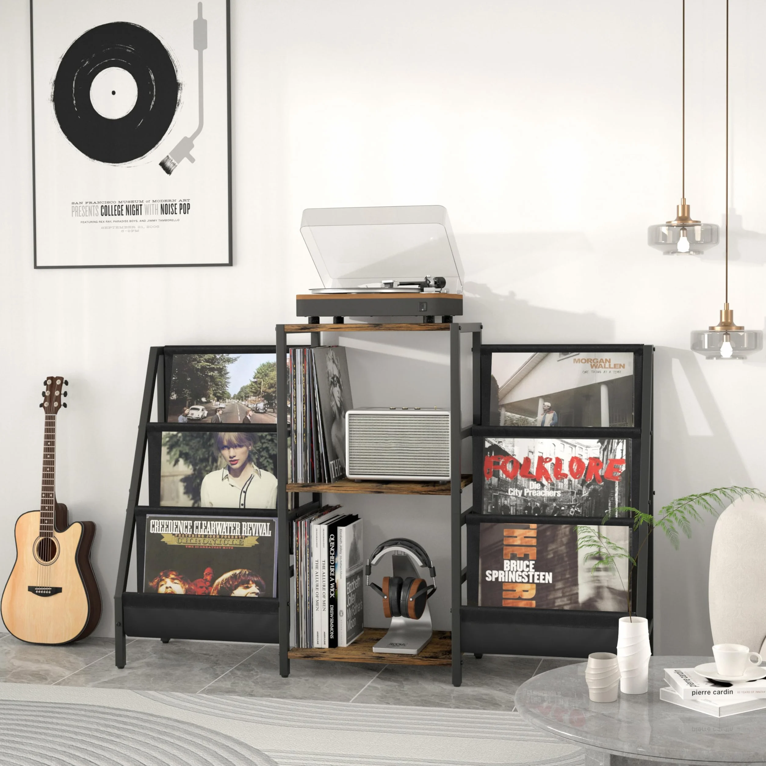 Bikoney Tocadiscos de Vinilo Stand, Mueble Tocadiscos con Almacenamiento de Vinilo hasta 280 Albumes, Giradiscos Estante Soporte Reproductor Vinilo de Almacenamiento de Vinilos Media Estéreo