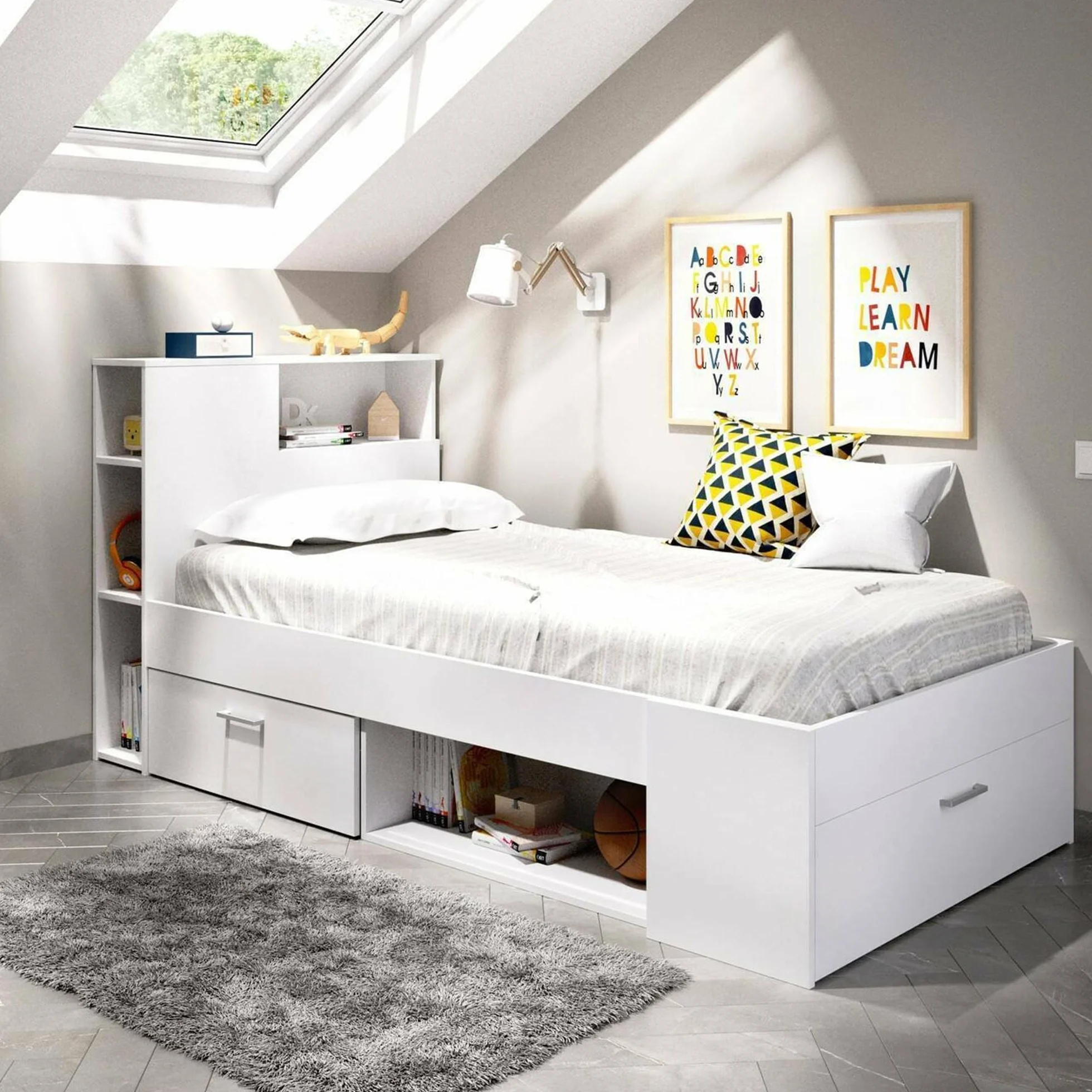 DEKIT GRUPO RIMOBEL Lanka, Cama Compacta de 90 x 190 con Cajones, Blanco, 96 x 99 x 218 cm
