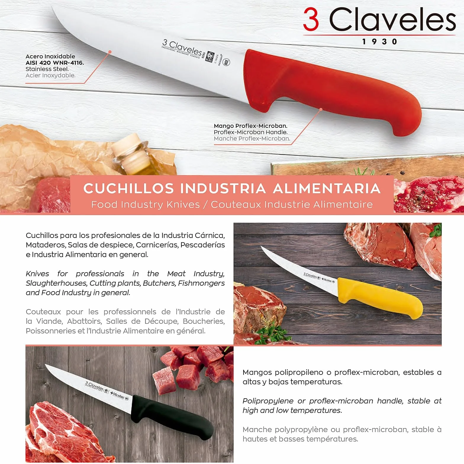 3 Claveles Cuchillo Carnicero Proflex, Acero Inoxidable, 30 cm