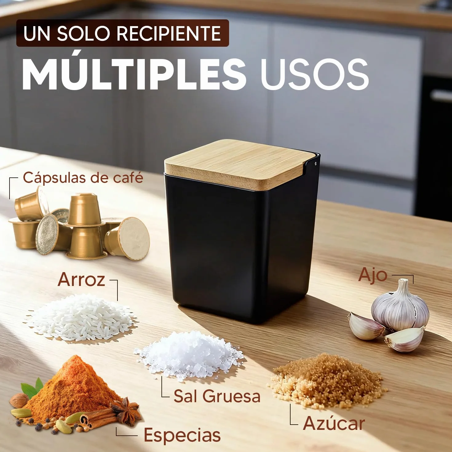 CIA&CO Salero Cocina Grande 1kg – Recipiente para Sal, Azúcar, Especias, Café – Tapa Bambú Natural – Cierre Antihumedad (NEGRO)