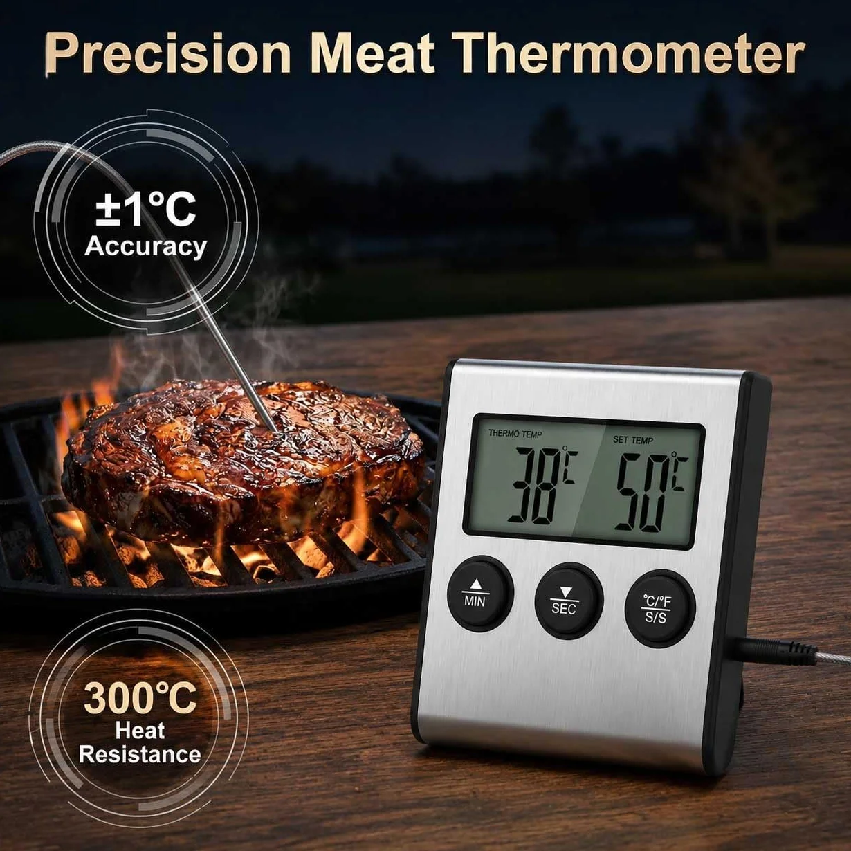 Termómetro Cocina con Sonda, Temporizador integrado, Termometro Horno Digital para Cuisine, Comida, Barbacoa, Liquidos y Aceite, Doméstico Termómetro Carne con Gran Pantalla LCD & Alarma
