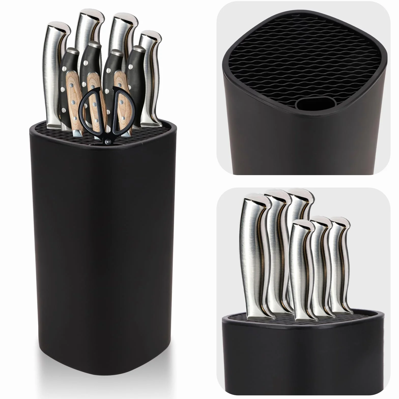 Bloque de cuchillos, soporte universal para cuchillos y tijeras, organizador de cuchillos de plástico, con ranura de tijeras y diseño de desagüe, bloque de cuchillos adecuado para todos los cuchillos