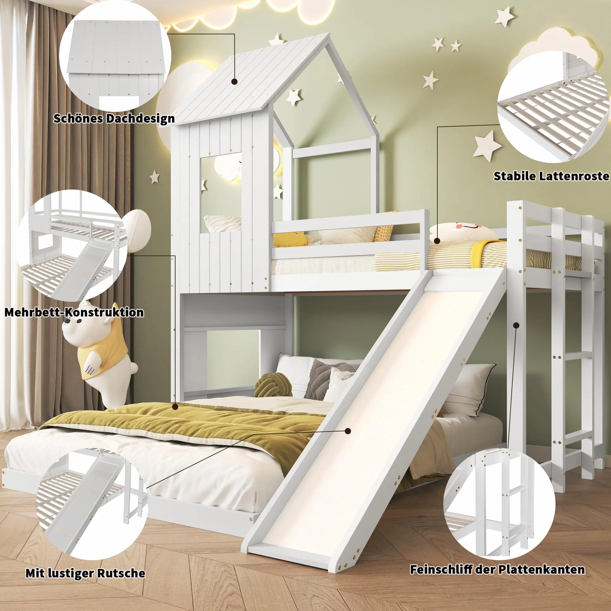 Azkoeesy Litera Infantil con Tobogán (90 x 200 y 140 x 200) - Cama Familiar en Forma de casa con somier/anticaídas para niños y Adultos, Cama de Invitados, Cama Juvenil, Madera de Pino, Color Blanco