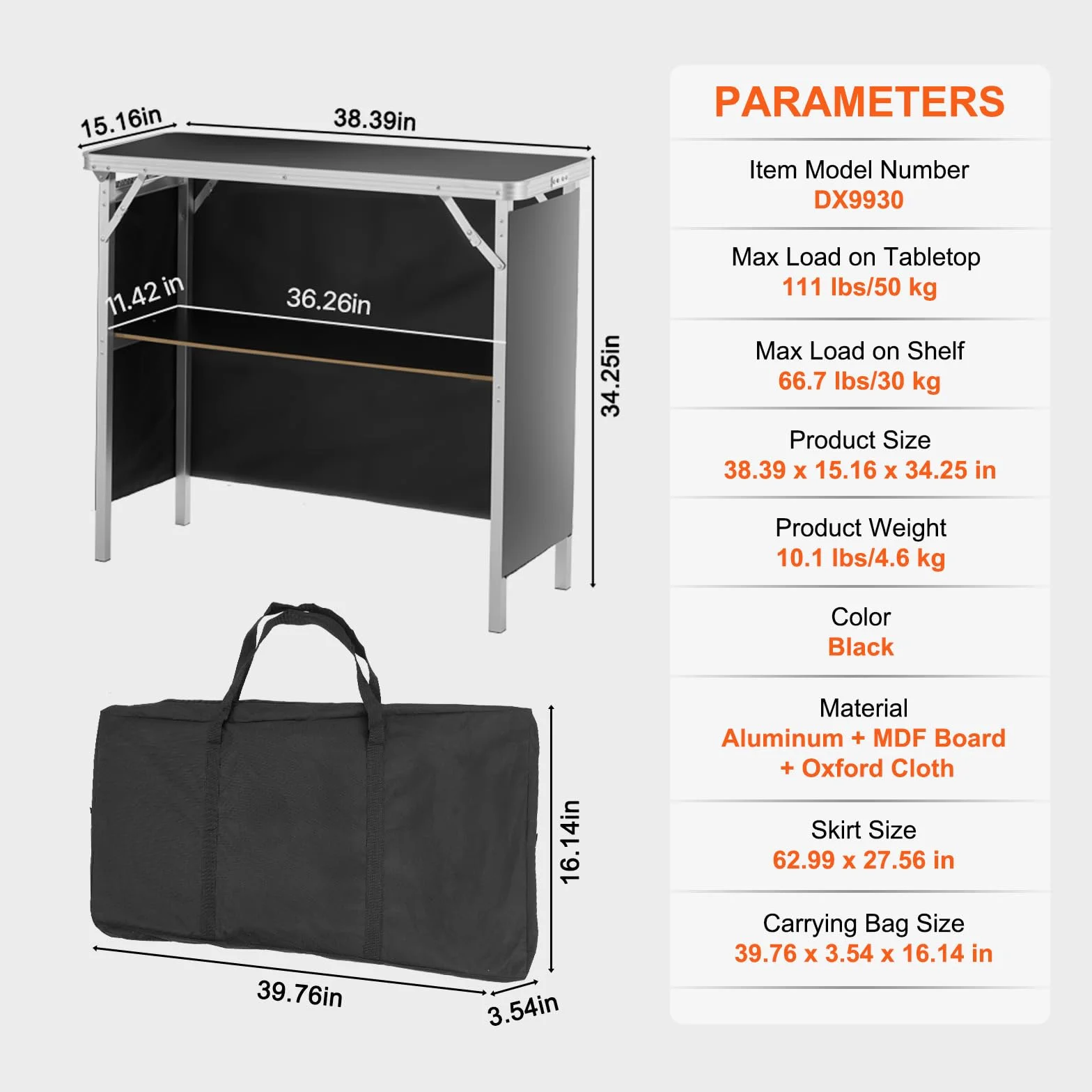 VEVOR Mostrador de pies de Feria, Mesa de Bar Plegable Portátil 97,5x38,5x87 cm con Bolsa