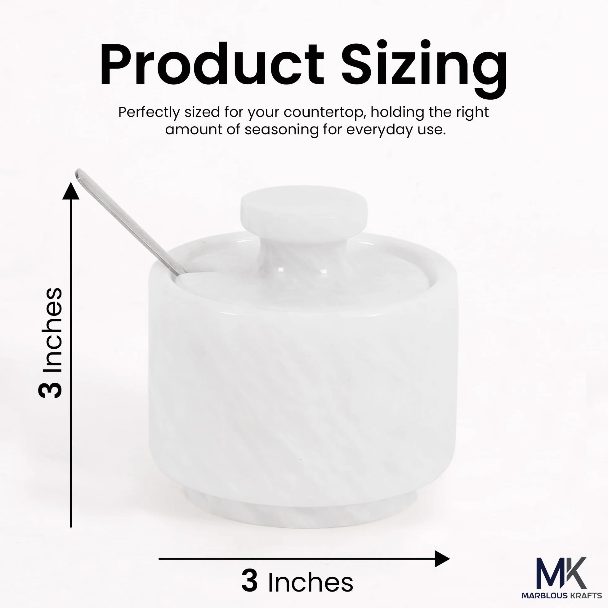 MARBLOUS KRAFTS Salero de mármol con tapa y cuchara de 3" blanco, recipiente pequeño para sal en escamas, tarro de condimentos, almacenamiento de especias para encimera, ideal para caja de sal, tarro