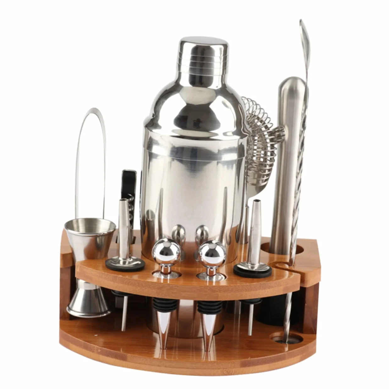 Cabilock Coctelera de Acero Inoxidable 12 Piezas Soporte de Bambú para Preparar Cócteles en Reuniones Amigos Kit Profesional de Herramientas de Barra