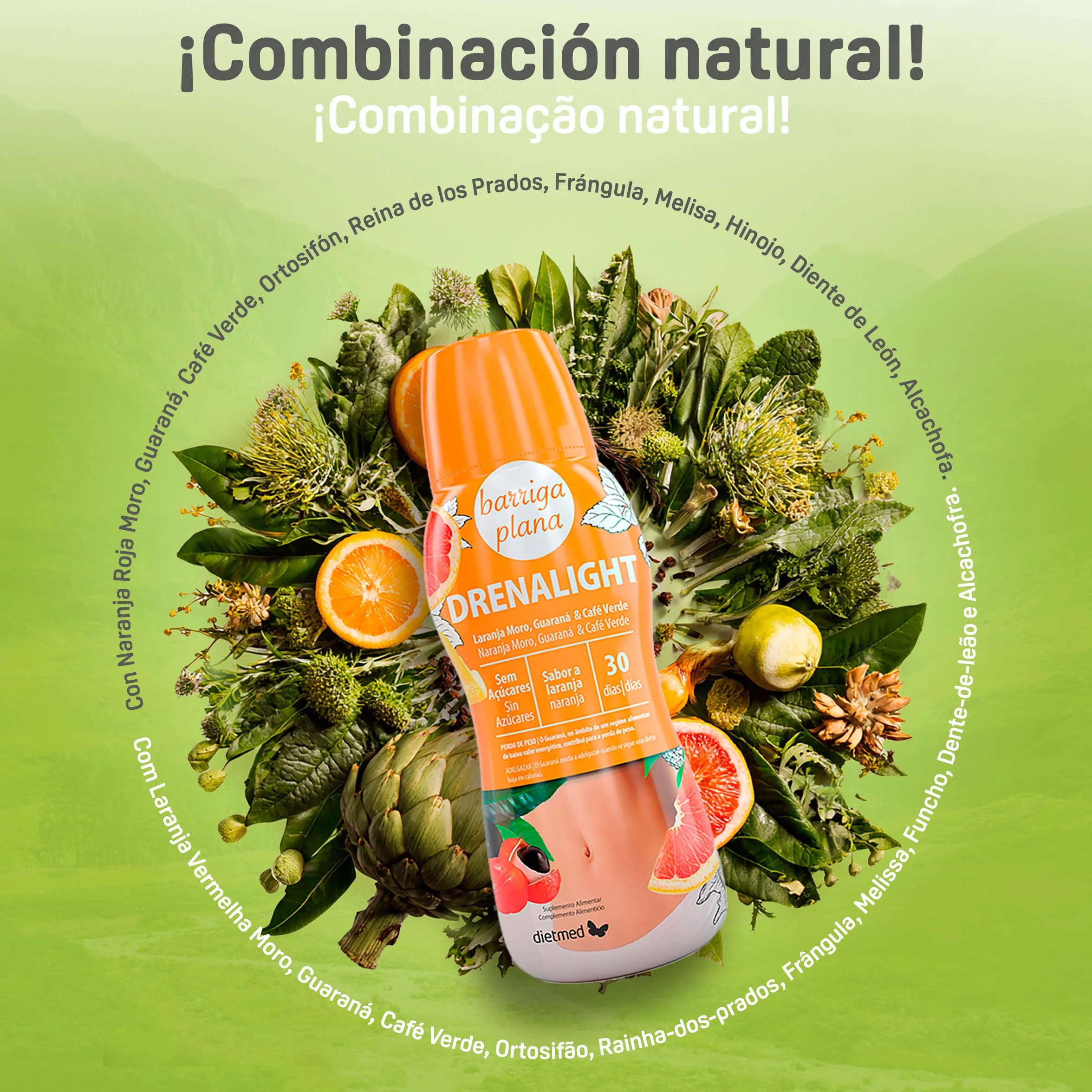 DietMed Drenalight Barriga Plana Solución Oral 600 ml Naranja Roja Moro 400 mg Guaraná 300 mg Café Verde 300 mg