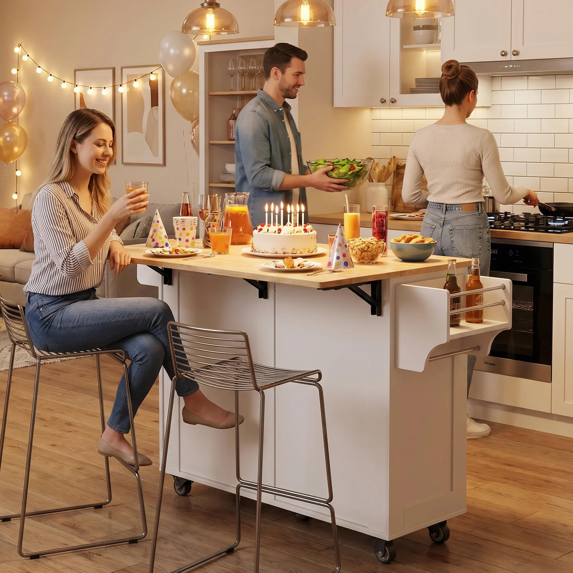 Xbro Isla de Cocina Móvil con Ruedas 145x75x90cm, Carrito Auxiliar Almacenaje, Mueble Moderno Blanco con Encimera y Estanterías para Cocina Comedor (Blanco)