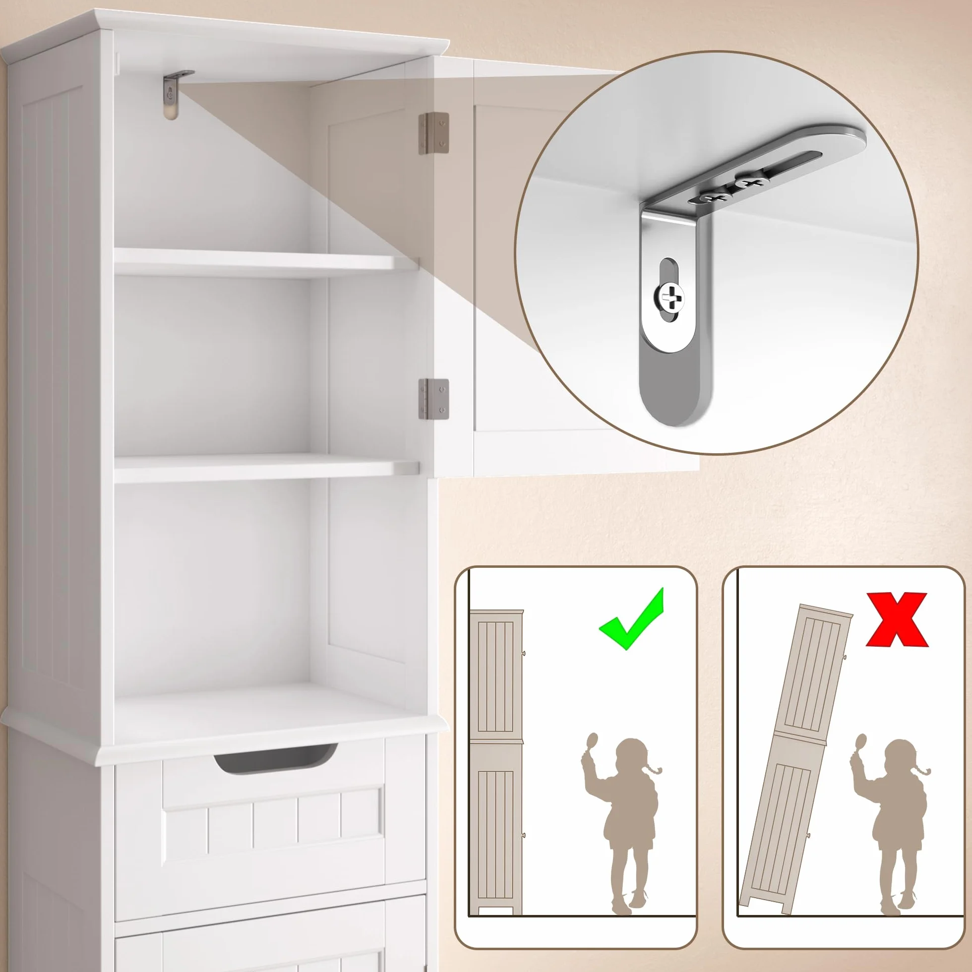Mueble de Baño Alto 170cm Blanco 30x40cm con Cajón y Puertas Estante Antivuelco