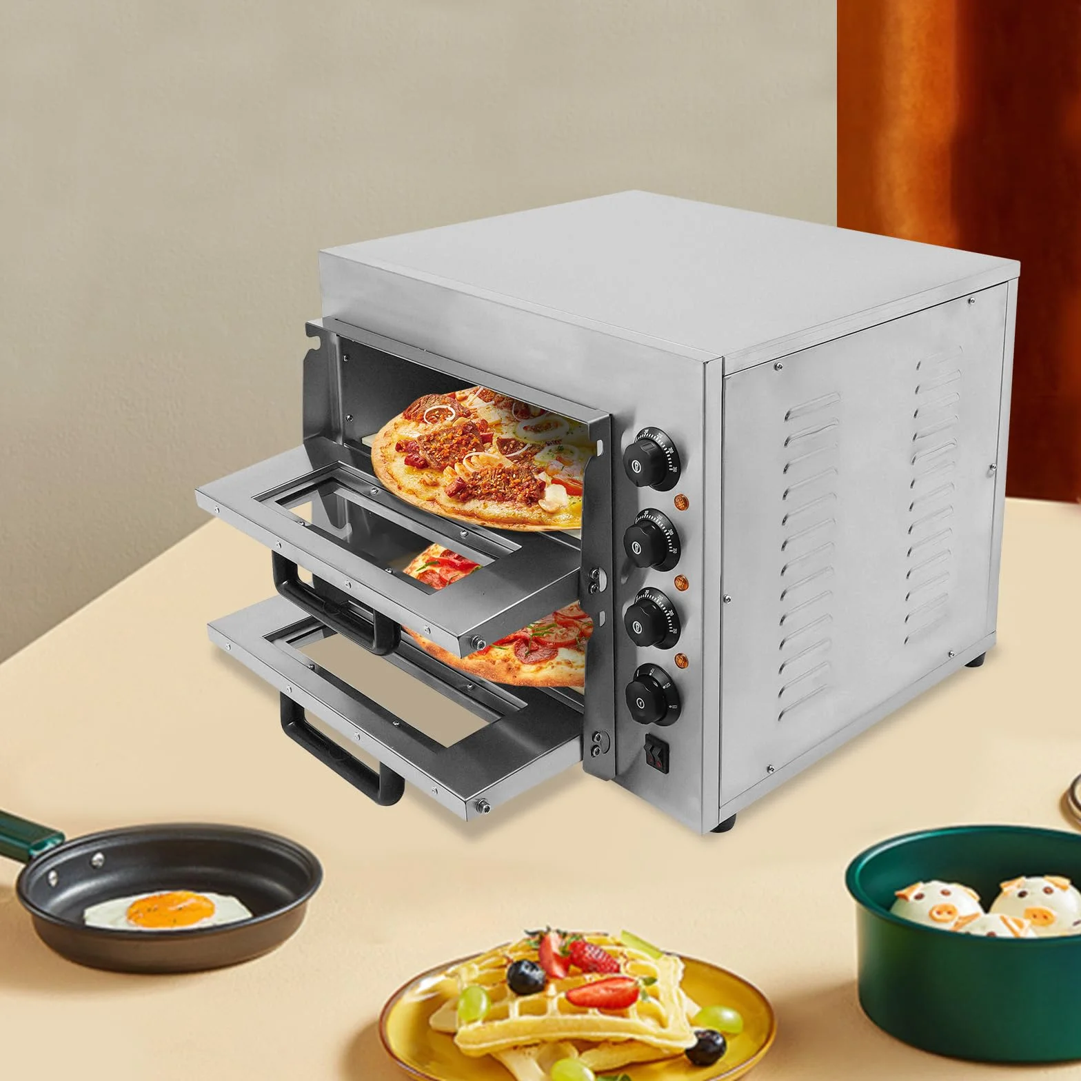 Horno para pizza profesional acero inoxidable 3 kW doble cámara temporizador 50-350 °C