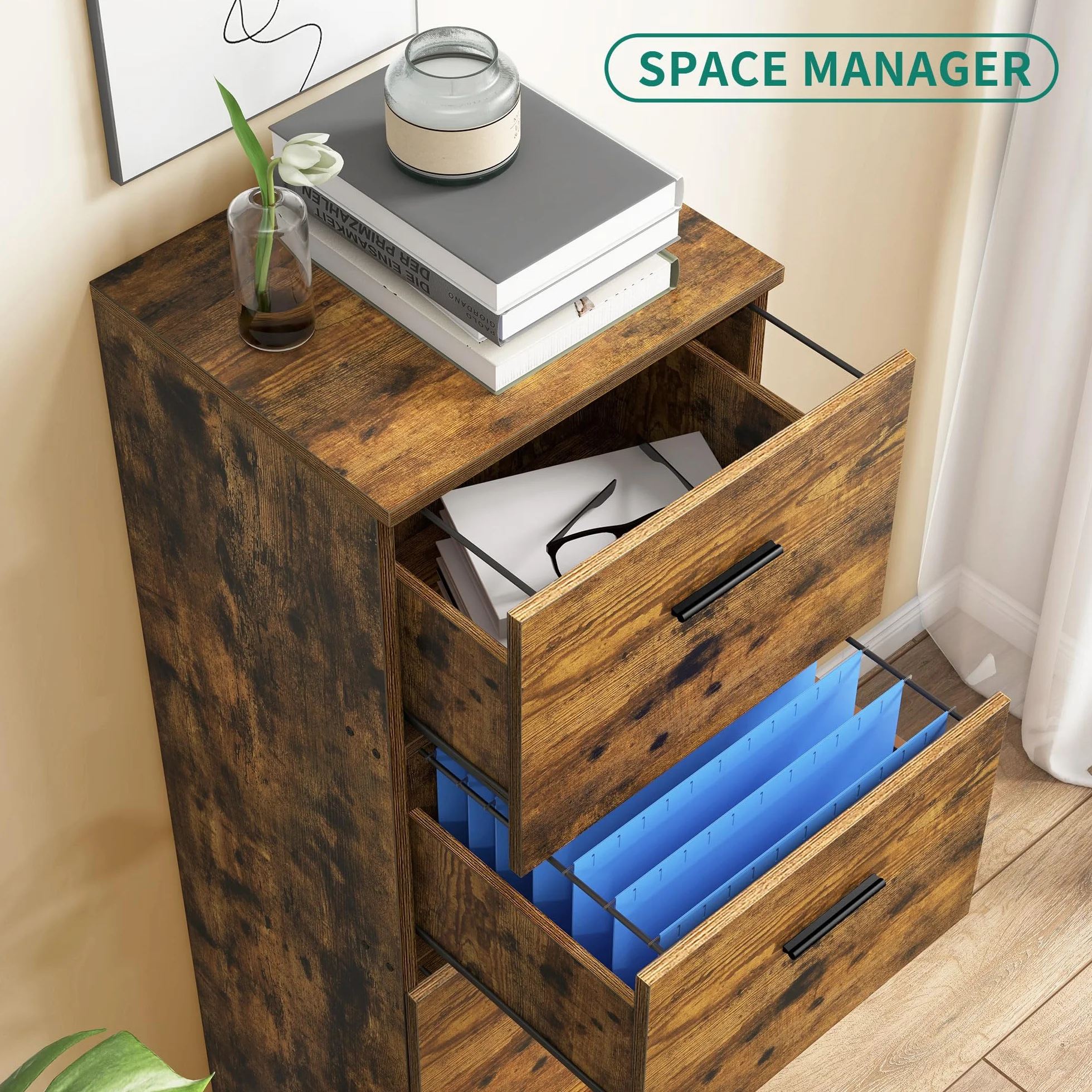 YITAHOME Archivador vertical resistente con 4 cajones, para archivos de tamaño carta A4, requiere montaje, armario de almacenamiento con cerradura para oficina en casa, 40 x 40 x 131 cm