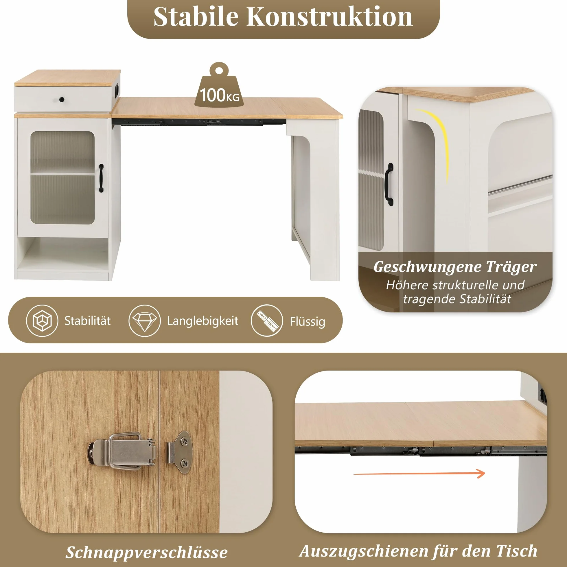 Isla de cocina móvil 80 x 71-151 cm con mesa extensible y enchufes, carrito de cocina con ruedas, mesa de bar, aparador, color blanco/natural, para pequeñas cocinas, comedores y oficinas en