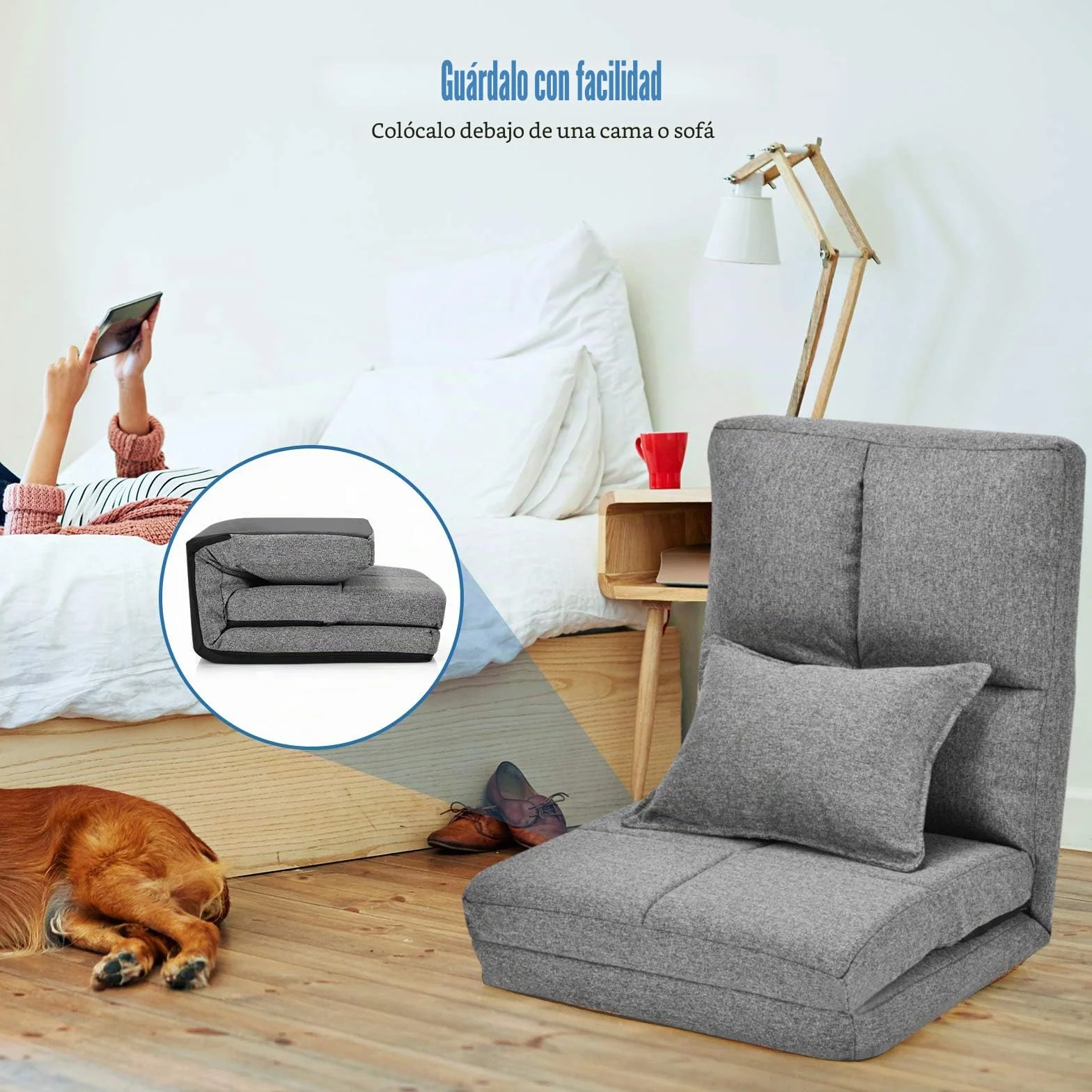 LIFEZEAL Sofá de Suelo Plegable, Silla de Piso sin instalación, sofá Perezoso Ajustable en 5 Posiciones, Silla de Suelo con cojín Lumbar para Leer, meditar en el salón (Gris)