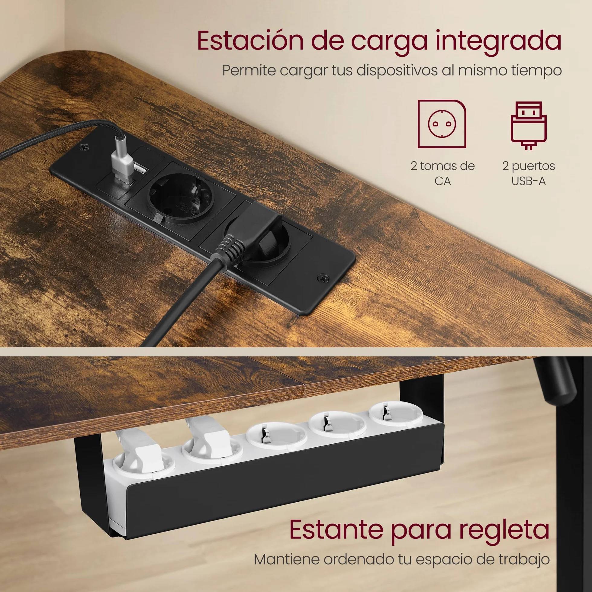 VASAGLE Escritorio Eléctrico Regulable en Altura, Escritorio en Forma de L, 140 x 160 cm, con Estación de Carga, Función de 2 Memorias, para Oficina Casa, Marrón Rústico y Negro Tinta LSD264K01